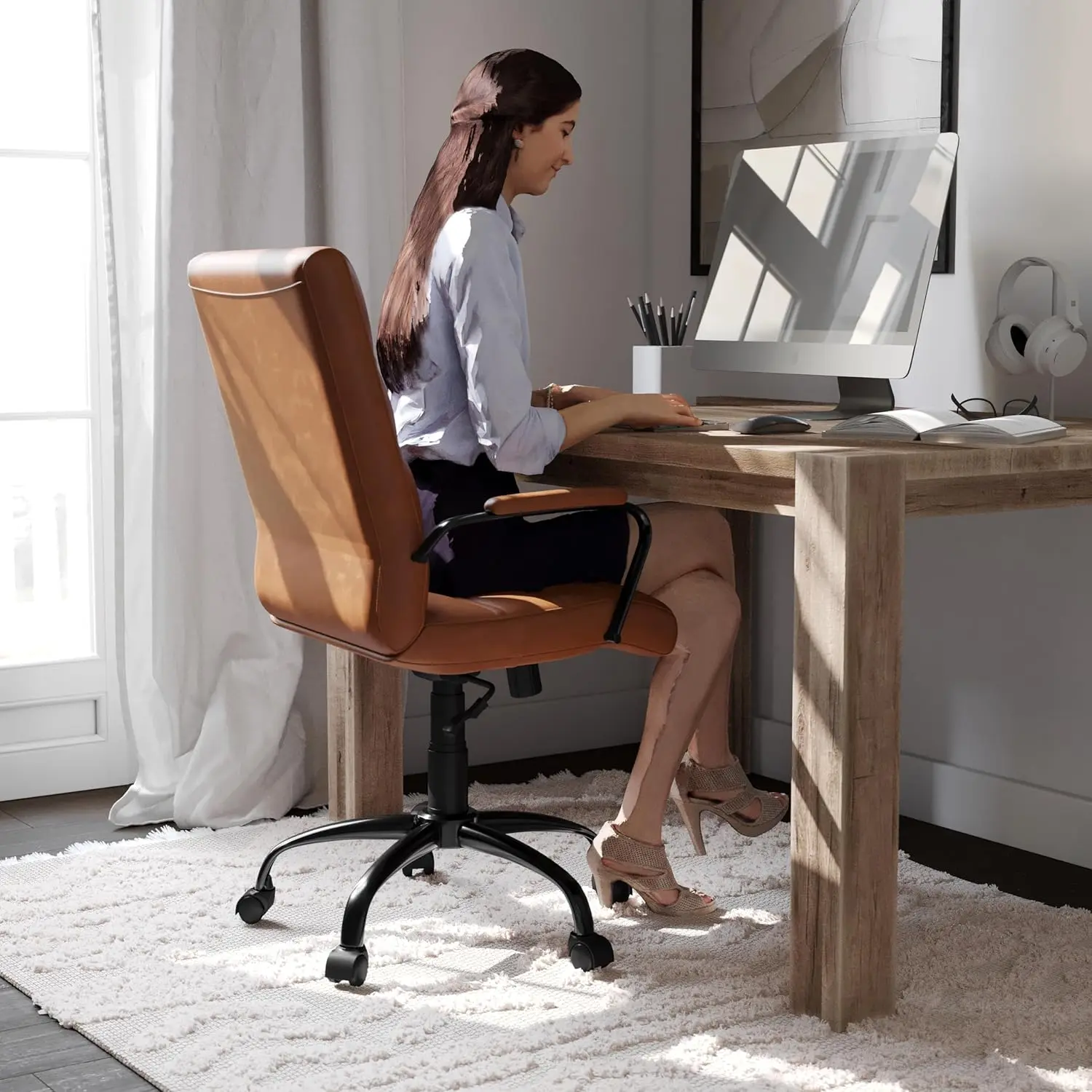 Flash Furniture Whitney Mid-Back Swivel Leather Desk Chair with Padded Seat and Armrests, Adjustable Height Padded Leather Office Chair, Brown/Black image 7