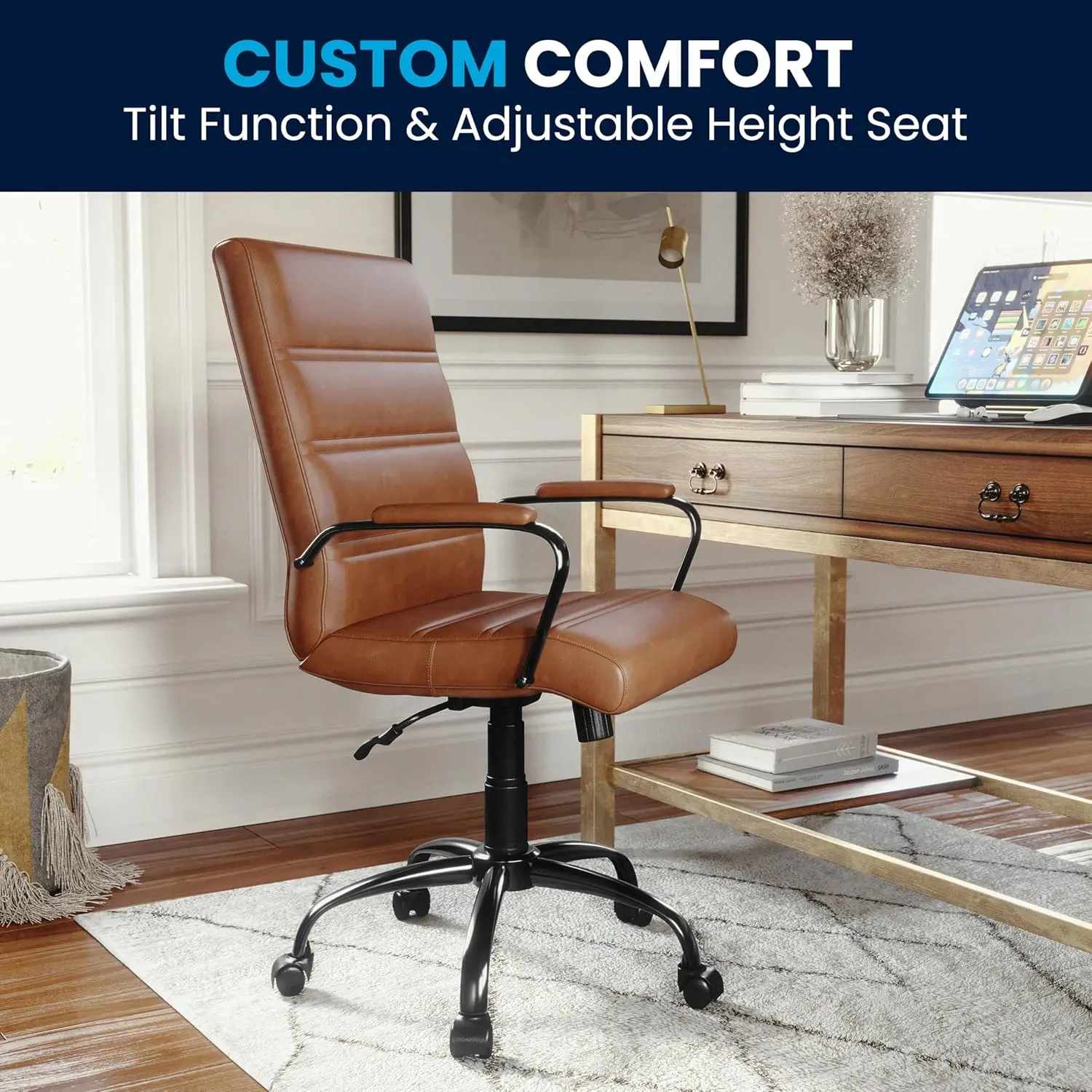 Flash Furniture Whitney Mid-Back Swivel Leather Desk Chair with Padded Seat and Armrests, Adjustable Height Padded Leather Office Chair, Brown/Black image 8