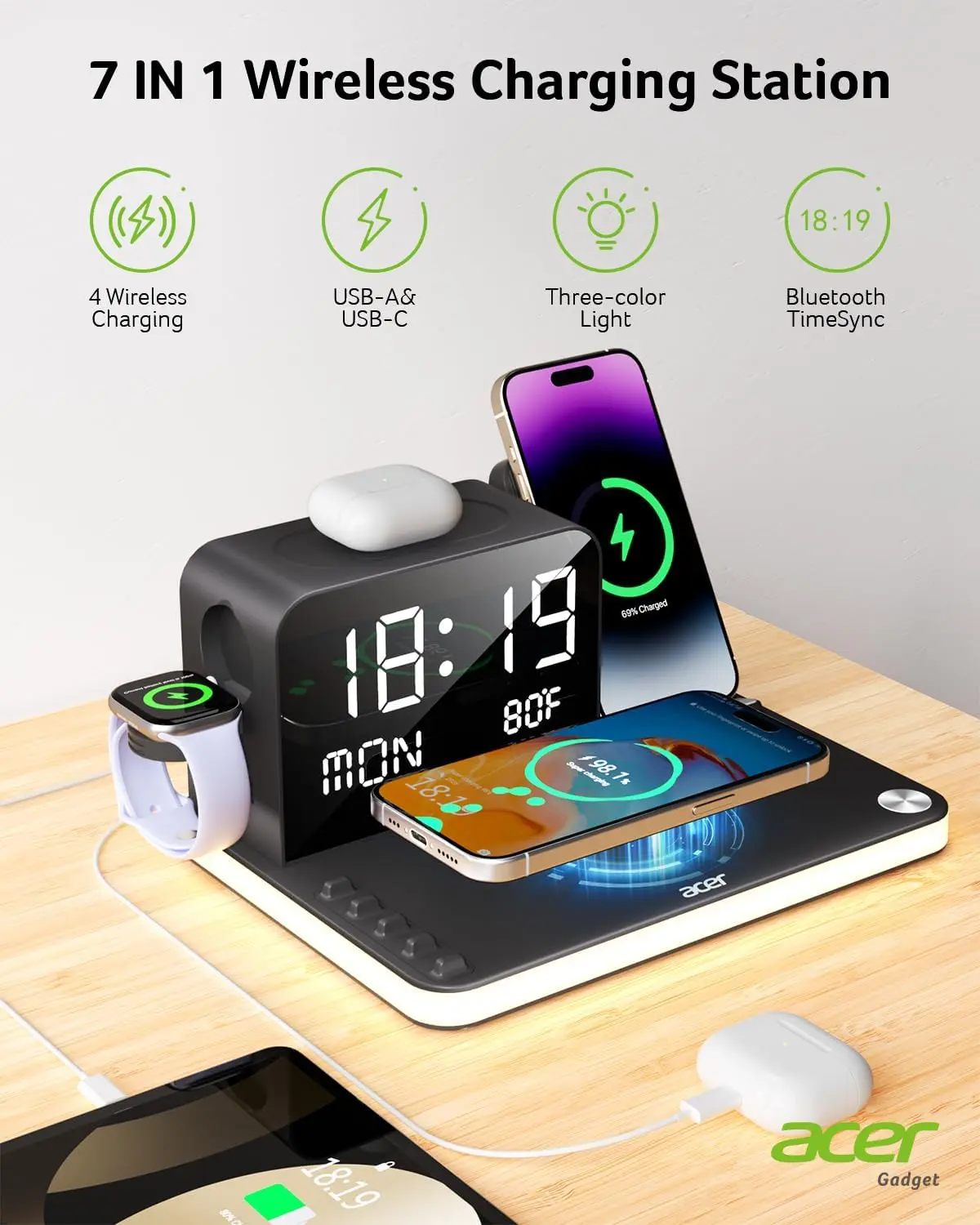 acer 7-in-1 Wireless Charging Station: Charger Stand for Multiple Devices for Apple - iPhone 16 15 14 13 12 Pro Max Apple Watch Airpods, Wireless Charger iPhone Charging Station with Bluetooth TimeSyn image 2