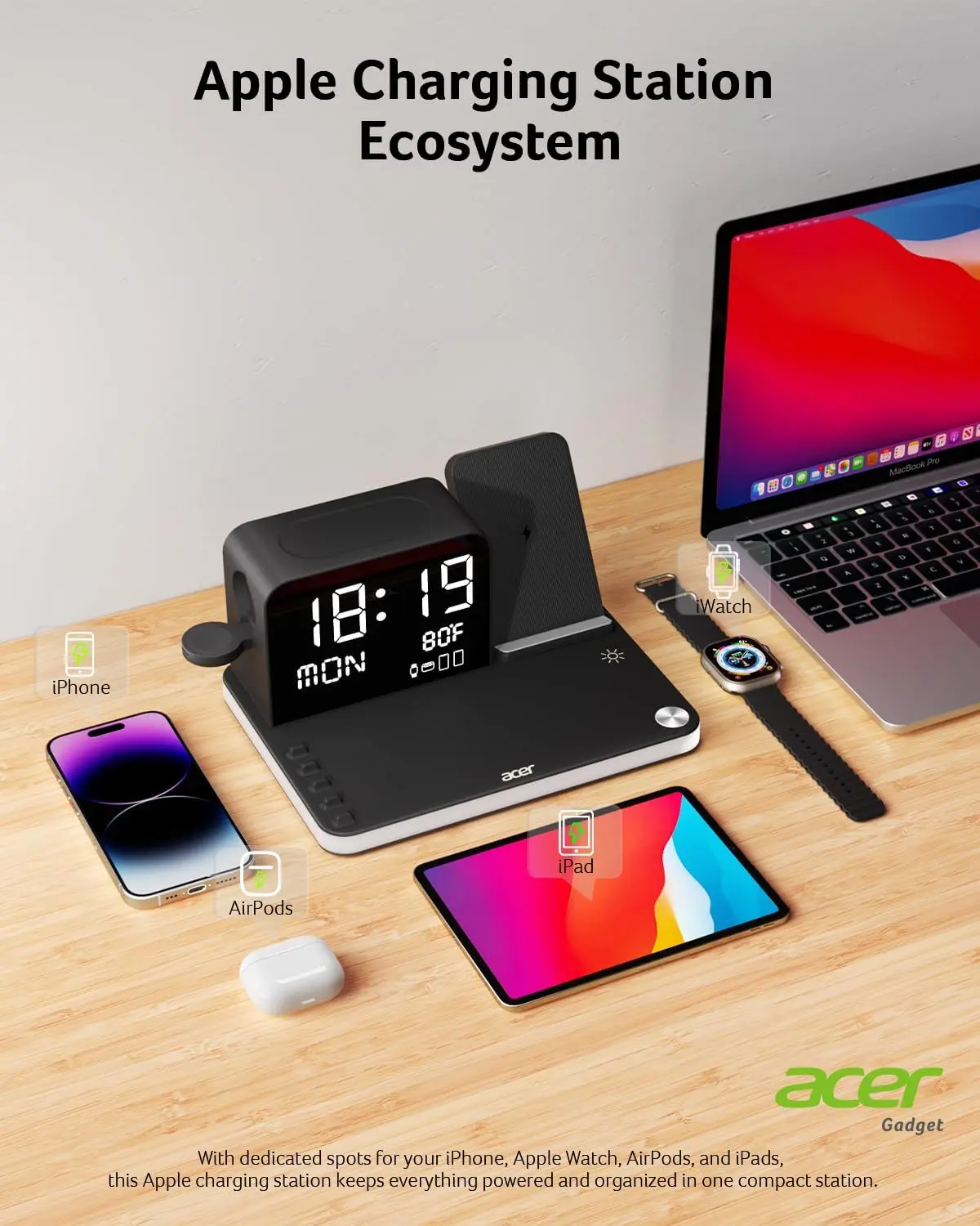 acer 7-in-1 Wireless Charging Station: Charger Stand for Multiple Devices for Apple - iPhone 16 15 14 13 12 Pro Max Apple Watch Airpods, Wireless Charger iPhone Charging Station with Bluetooth TimeSyn image 3