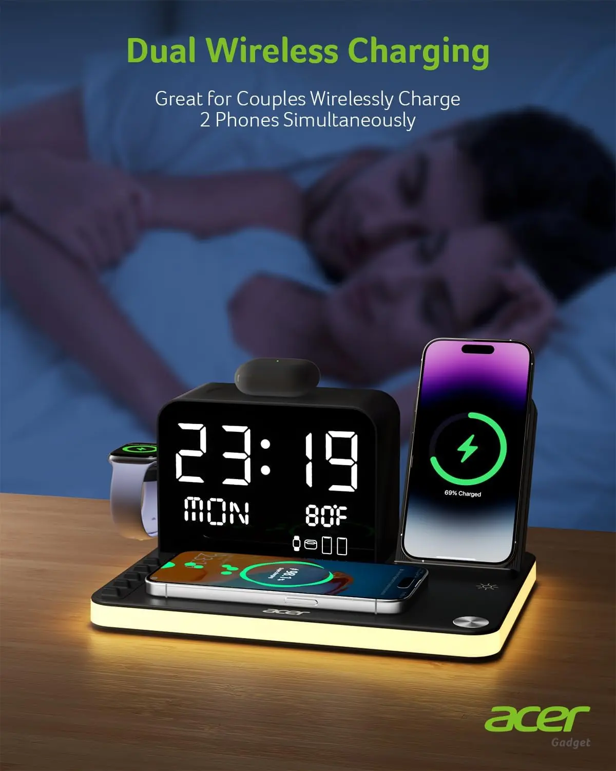 acer 7-in-1 Wireless Charging Station: Charger Stand for Multiple Devices for Apple - iPhone 16 15 14 13 12 Pro Max Apple Watch Airpods, Wireless Charger iPhone Charging Station with Bluetooth TimeSyn image 4