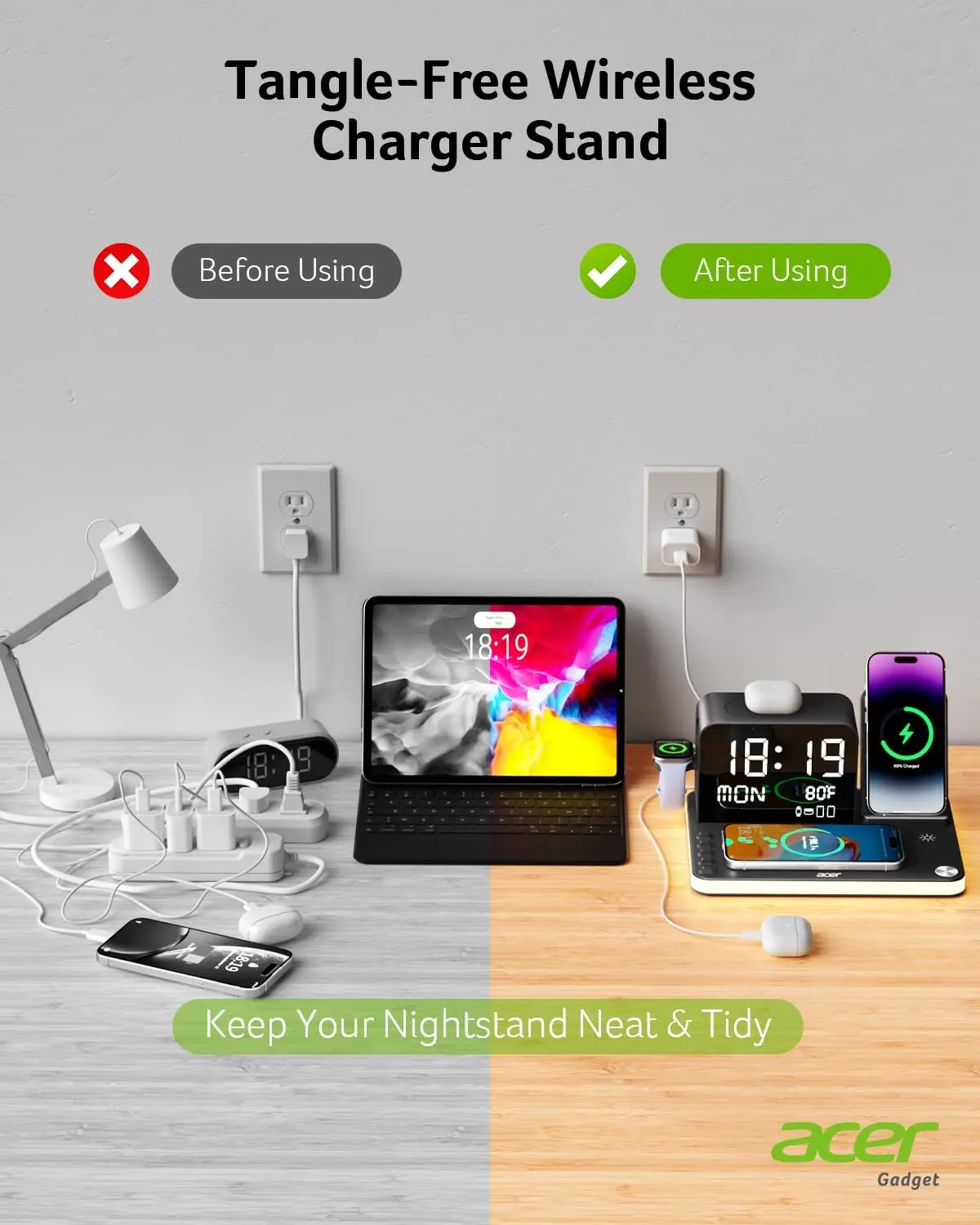 acer 7-in-1 Wireless Charging Station: Charger Stand for Multiple Devices for Apple - iPhone 16 15 14 13 12 Pro Max Apple Watch Airpods, Wireless Charger iPhone Charging Station with Bluetooth TimeSyn image 6