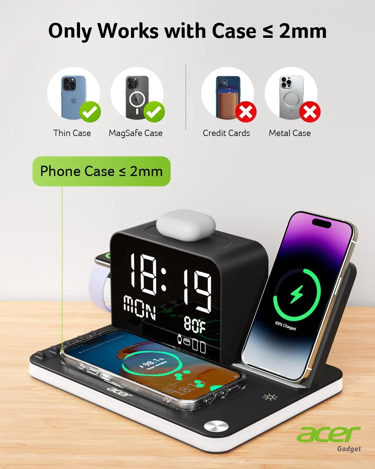 acer 7-in-1 Wireless Charging Station: Charger Stand for Multiple Devices for Apple - iPhone 16 15 14 13 12 Pro Max Apple Watch Airpods, Wireless Charger iPhone Charging Station with Bluetooth TimeSyn image 8