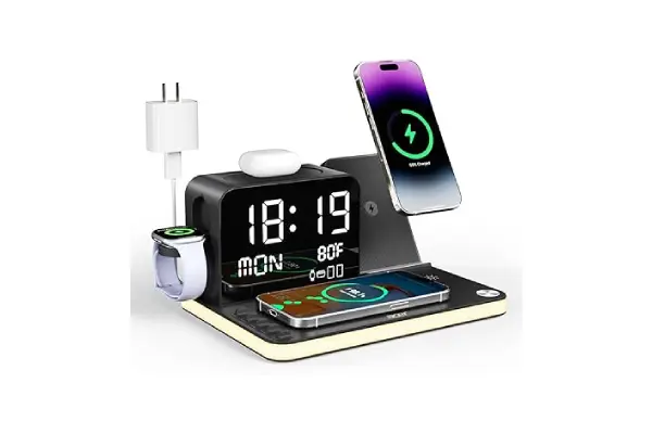 acer 7-in-1 Wireless Charging Station: Charger Stand for Multiple Devices for Apple - iPhone 16 15 14 13 12 Pro Max Apple Watch Airpods, Wireless Charger iPhone Charging Station with Bluetooth TimeSyn image
