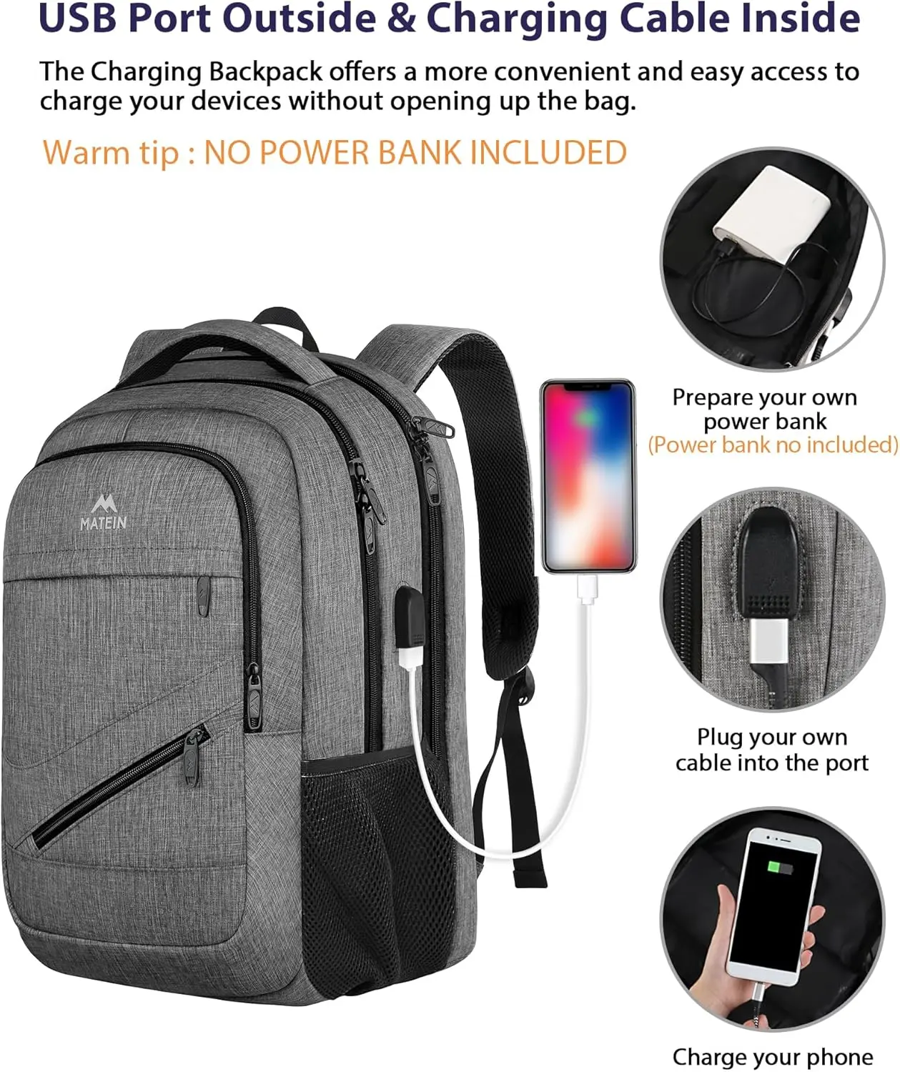MATEIN Travel Laptop Backpack, 17 Inch Work TSA Approved Carry on Backpack, Large Computer Business Bag for Men Women with USB Port and Trolley Sleeve, College School Rucksack Book Bag, Grey image 4