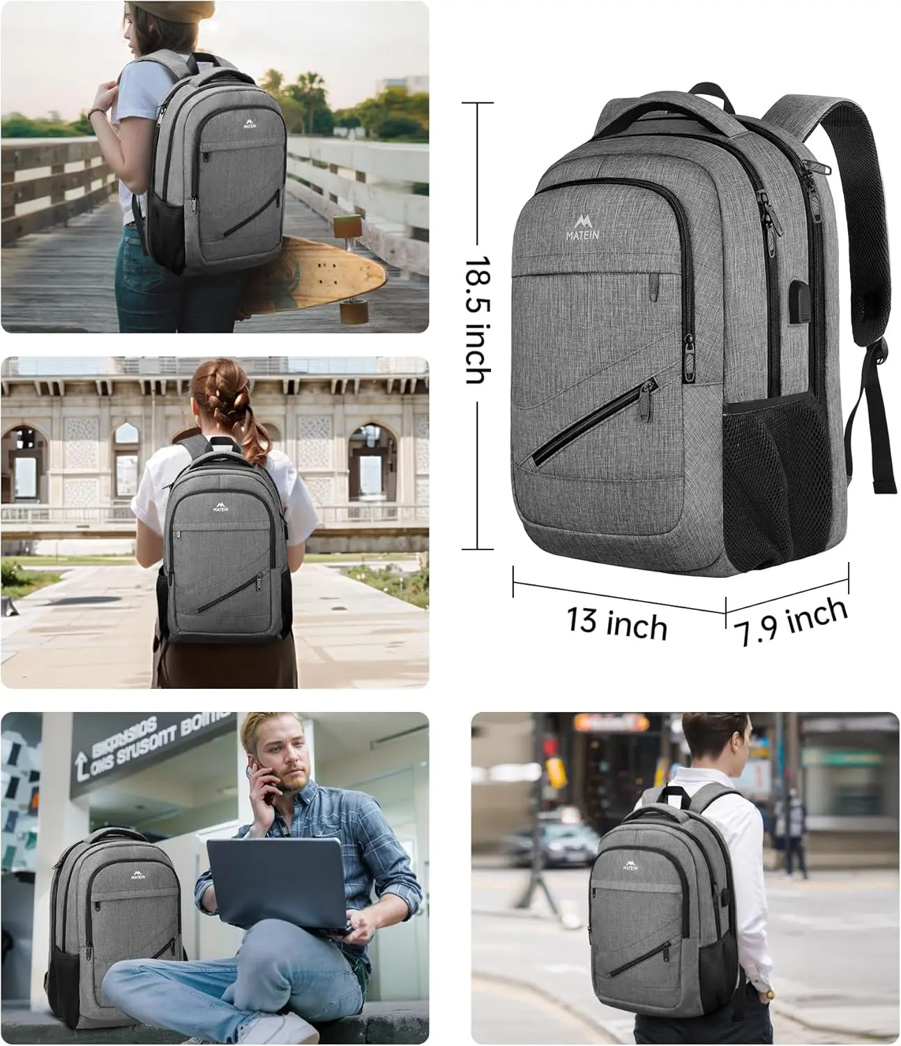 MATEIN Travel Laptop Backpack, 17 Inch Work TSA Approved Carry on Backpack, Large Computer Business Bag for Men Women with USB Port and Trolley Sleeve, College School Rucksack Book Bag, Grey image 5