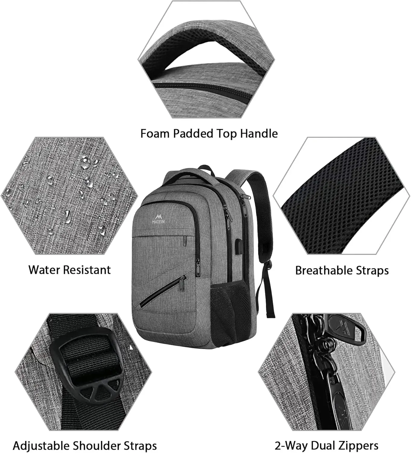 MATEIN Travel Laptop Backpack, 17 Inch Work TSA Approved Carry on Backpack, Large Computer Business Bag for Men Women with USB Port and Trolley Sleeve, College School Rucksack Book Bag, Grey image 6