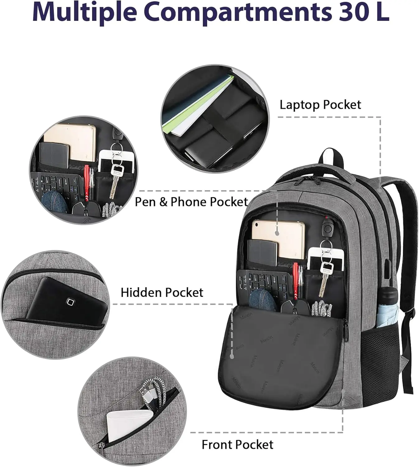 MATEIN Travel Laptop Backpack, 17 Inch Work TSA Approved Carry on Backpack, Large Computer Business Bag for Men Women with USB Port and Trolley Sleeve, College School Rucksack Book Bag, Grey image 8
