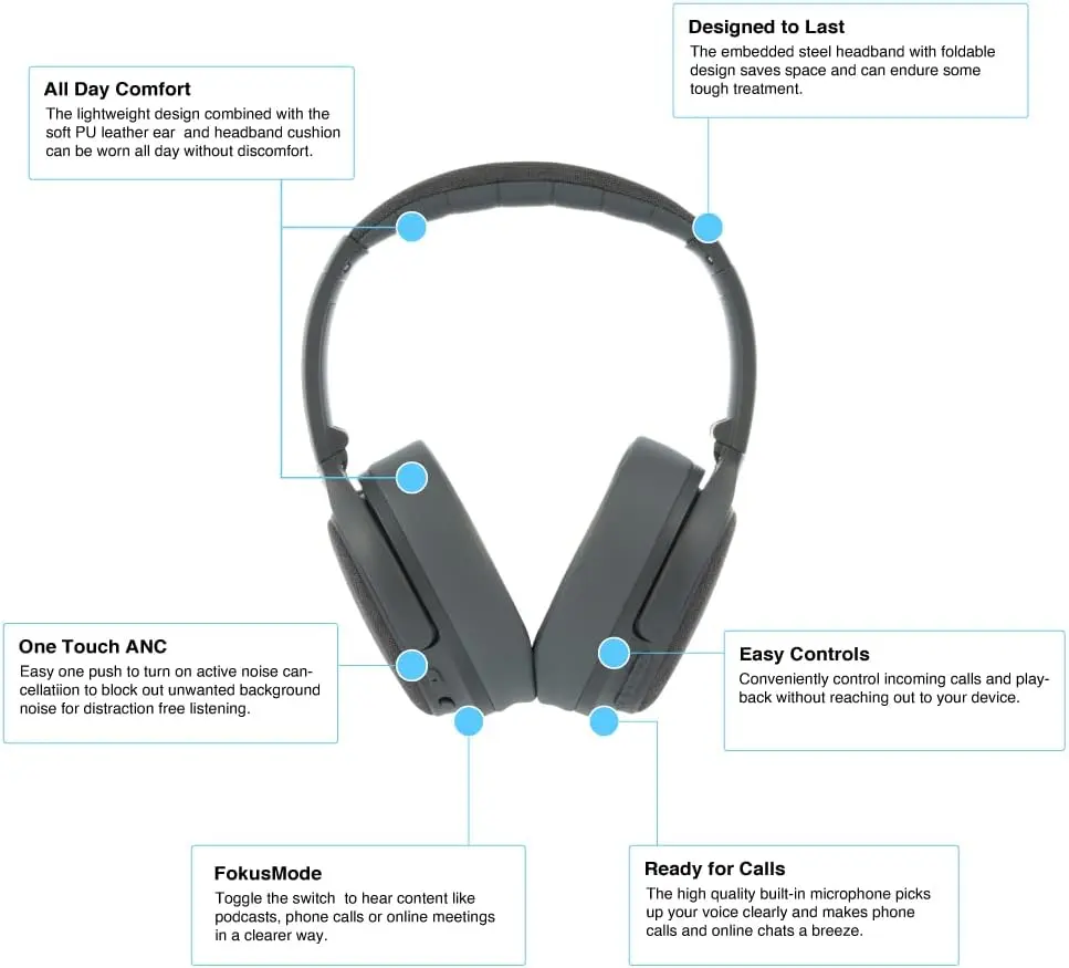 Made for Amazon, Active Noise Cancelling Bluetooth Headphones with Built-in Microphone | Grey image 5