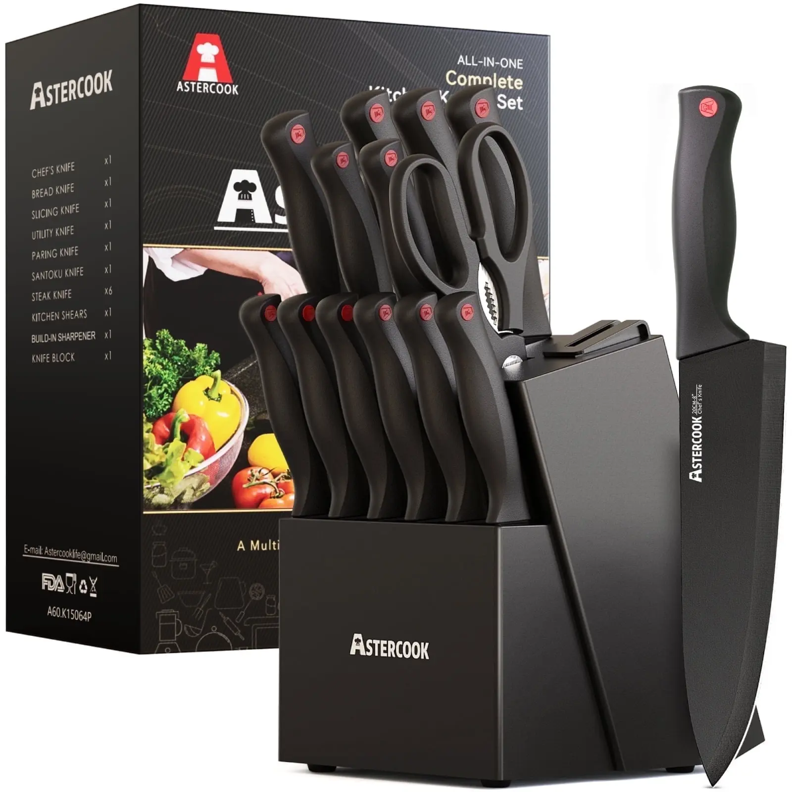 Astercook Kitchen Knife Set, 14 Pcs Knives Block Set with Built-in Sharpener, Healthy Anti-Rust Coating & German Stainless Steel Knife Set, Dishwasher Safe Black image 1