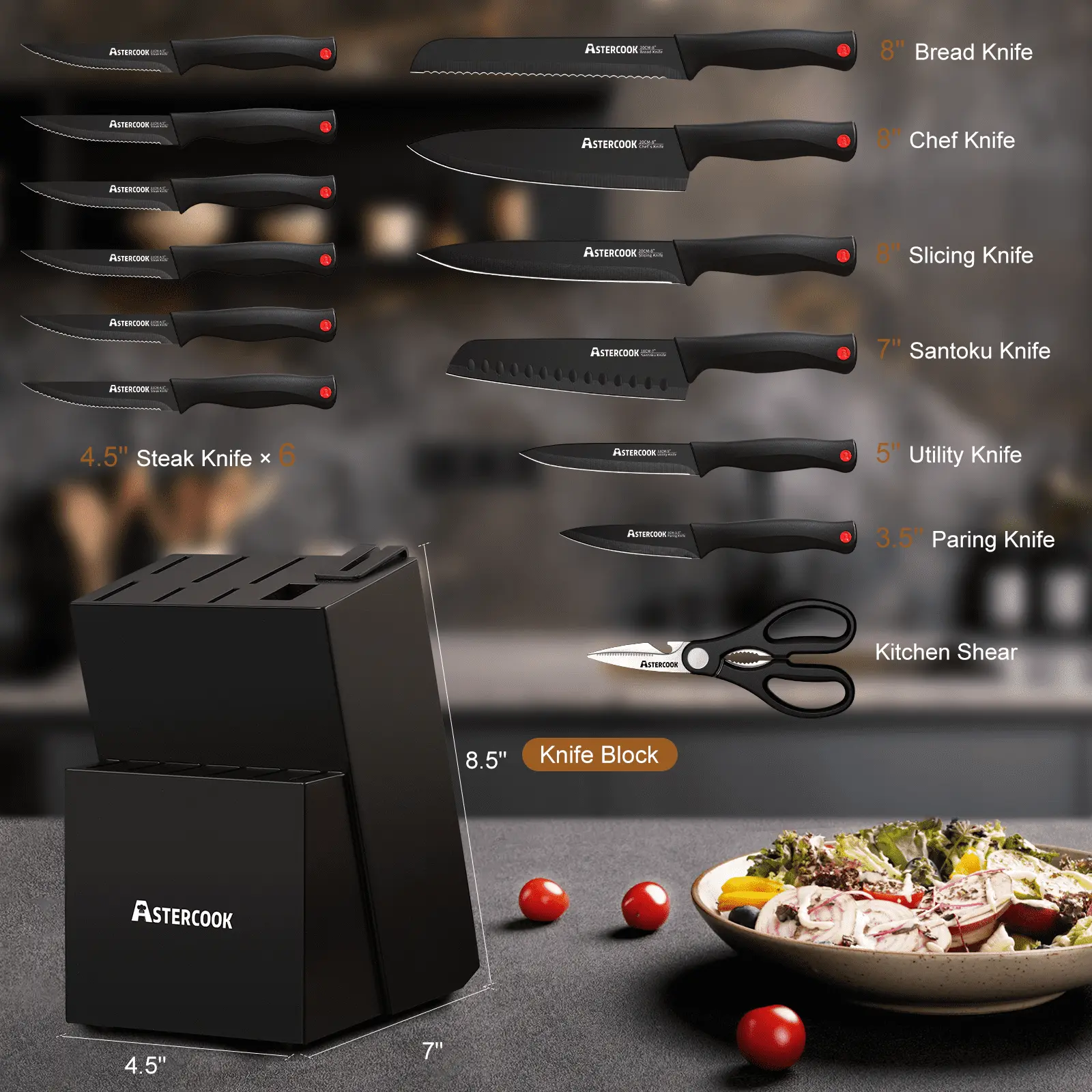 Astercook Kitchen Knife Set, 14 Pcs Knives Block Set with Built-in Sharpener, Healthy Anti-Rust Coating & German Stainless Steel Knife Set, Dishwasher Safe Black image 2