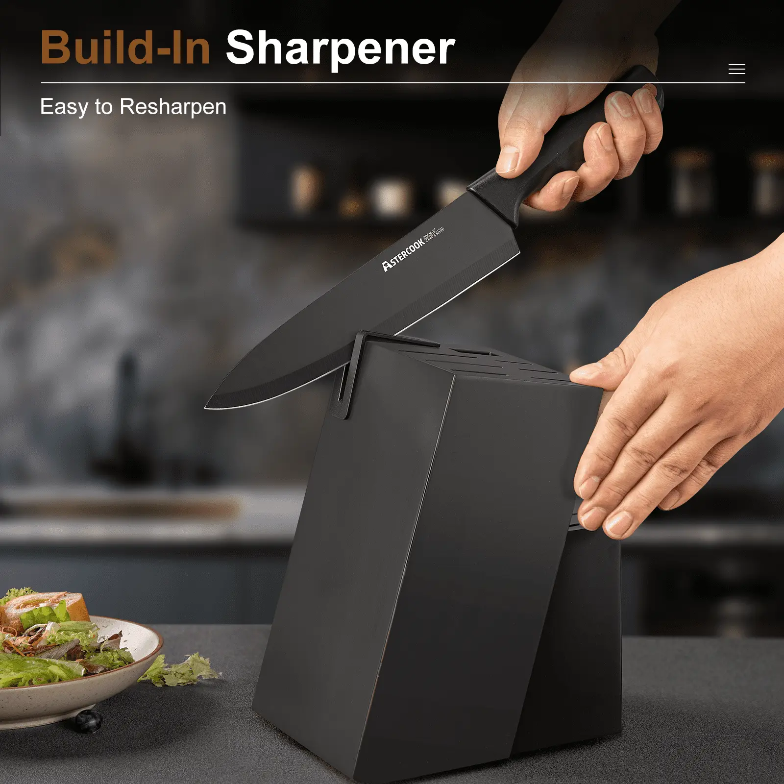 Astercook Kitchen Knife Set, 14 Pcs Knives Block Set with Built-in Sharpener, Healthy Anti-Rust Coating & German Stainless Steel Knife Set, Dishwasher Safe Black image 4