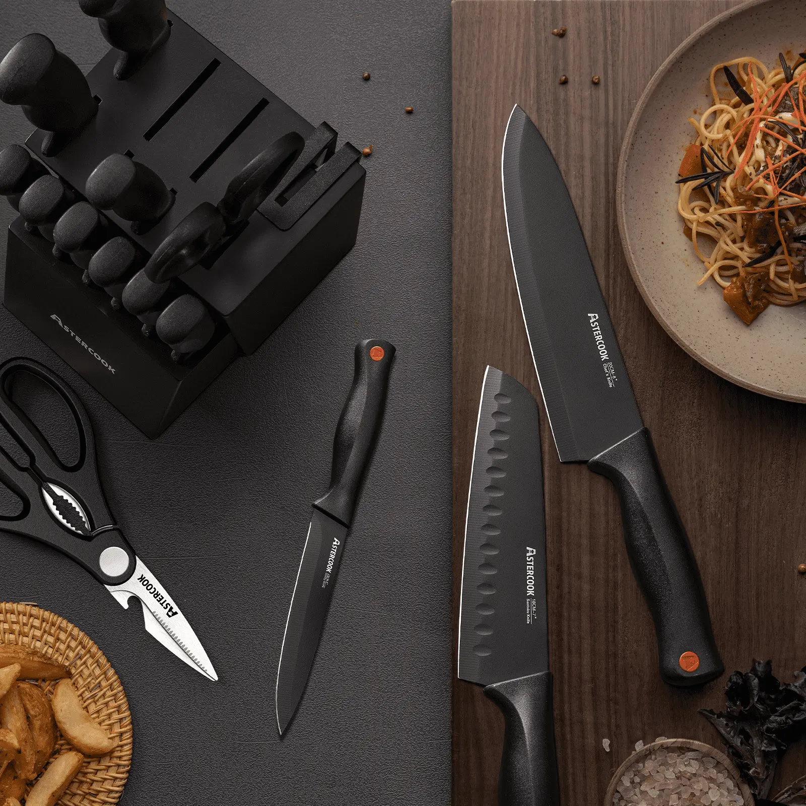 Astercook Kitchen Knife Set, 14 Pcs Knives Block Set with Built-in Sharpener, Healthy Anti-Rust Coating & German Stainless Steel Knife Set, Dishwasher Safe Black image 6