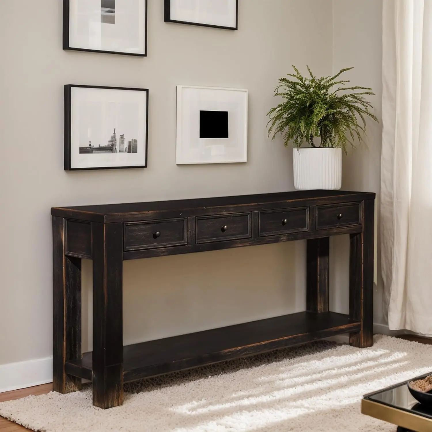 Signature Design by Ashley Gavelston Rustic Sofa Table with 4 Drawers and Lower Shelf, Weathered Black image 2