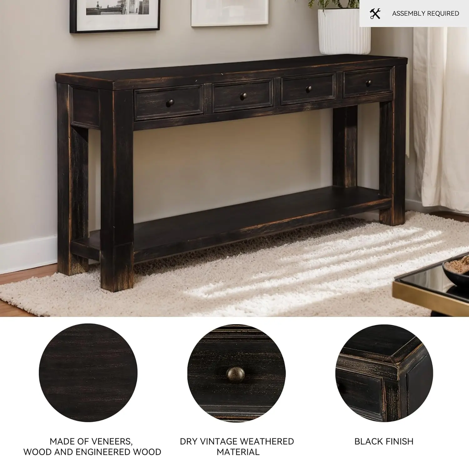 Signature Design by Ashley Gavelston Rustic Sofa Table with 4 Drawers and Lower Shelf, Weathered Black image 4