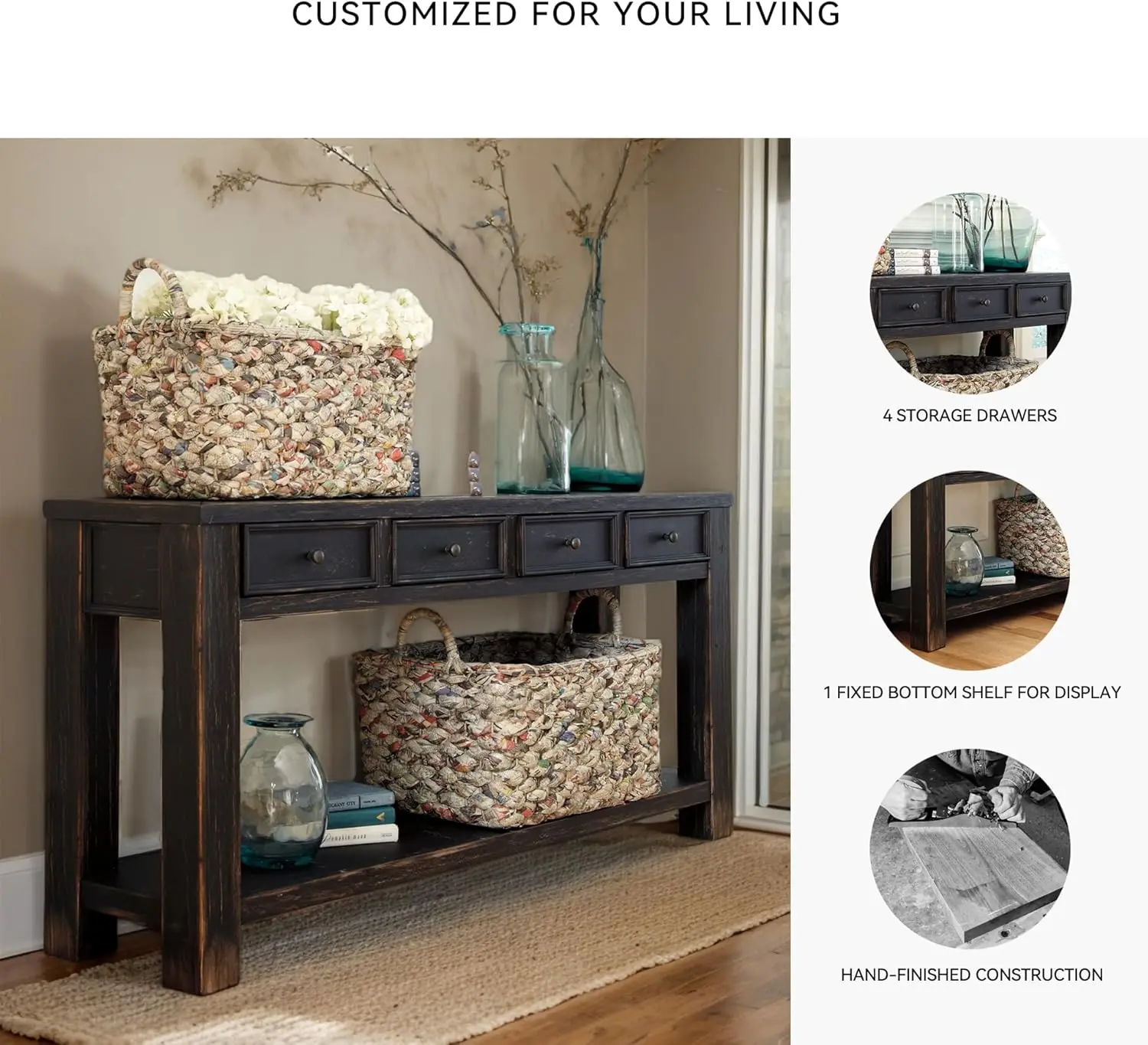 Signature Design by Ashley Gavelston Rustic Sofa Table with 4 Drawers and Lower Shelf, Weathered Black image 5