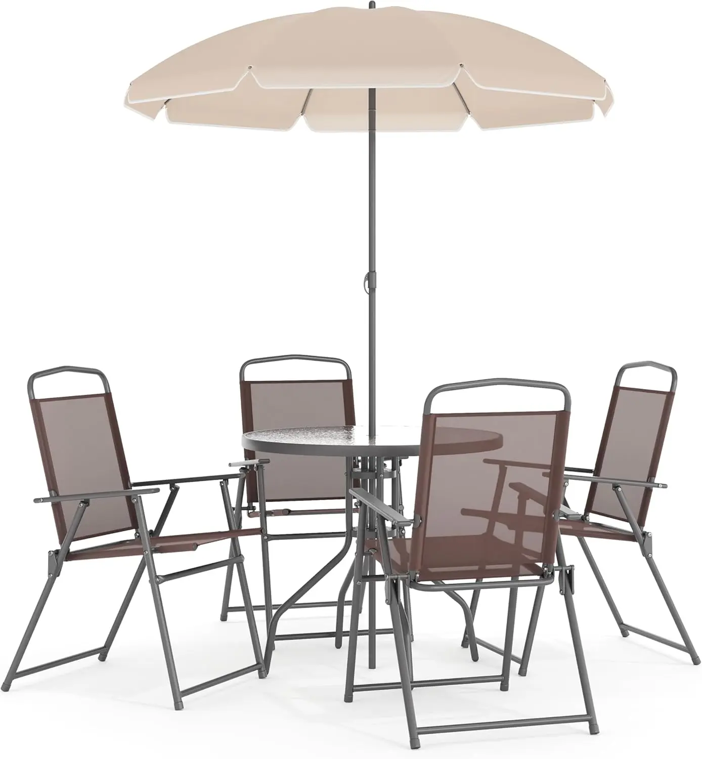 Flash Furniture Nantucket 6-Piece Patio Dining Set with Glass Table, 4 Folding Chairs, and Umbrella, Outdoor Patio Set, Brown image 1