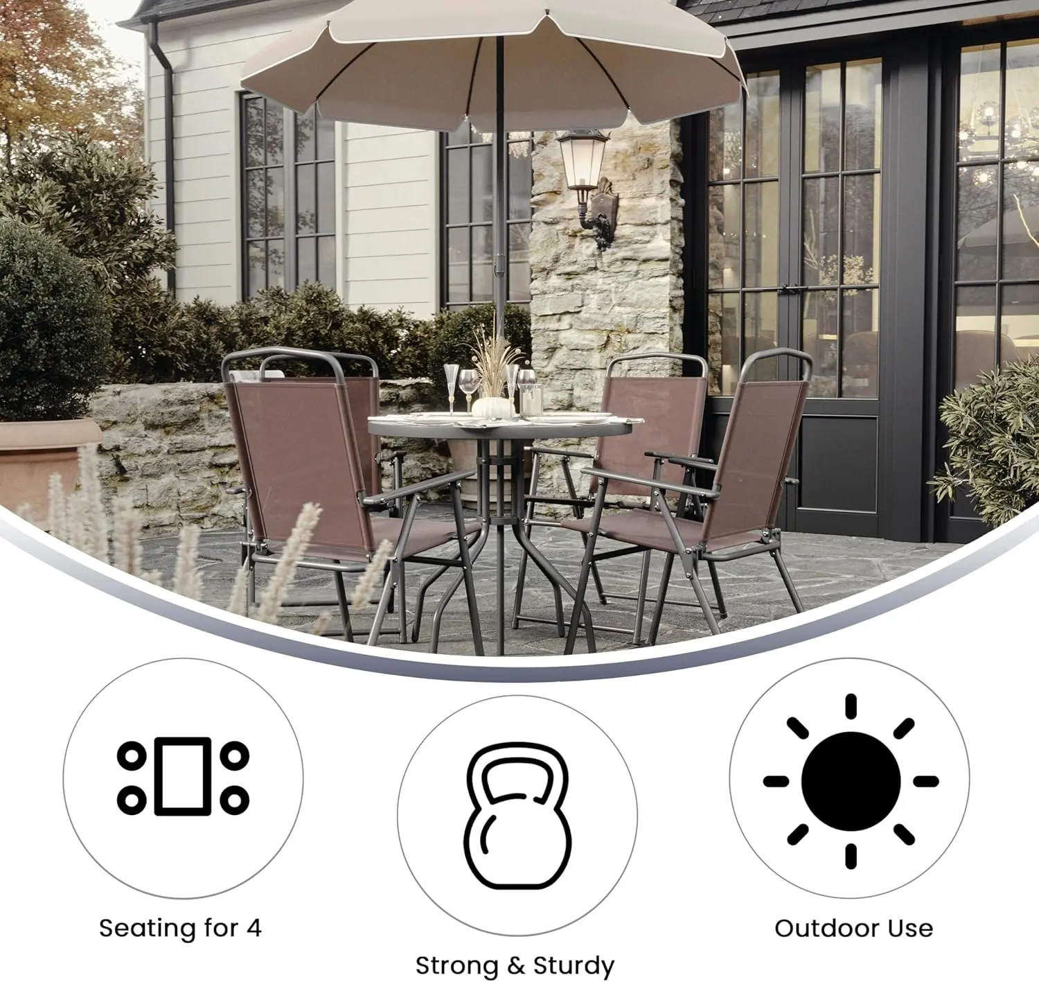 Flash Furniture Nantucket 6-Piece Patio Dining Set with Glass Table, 4 Folding Chairs, and Umbrella, Outdoor Patio Set, Brown image 4