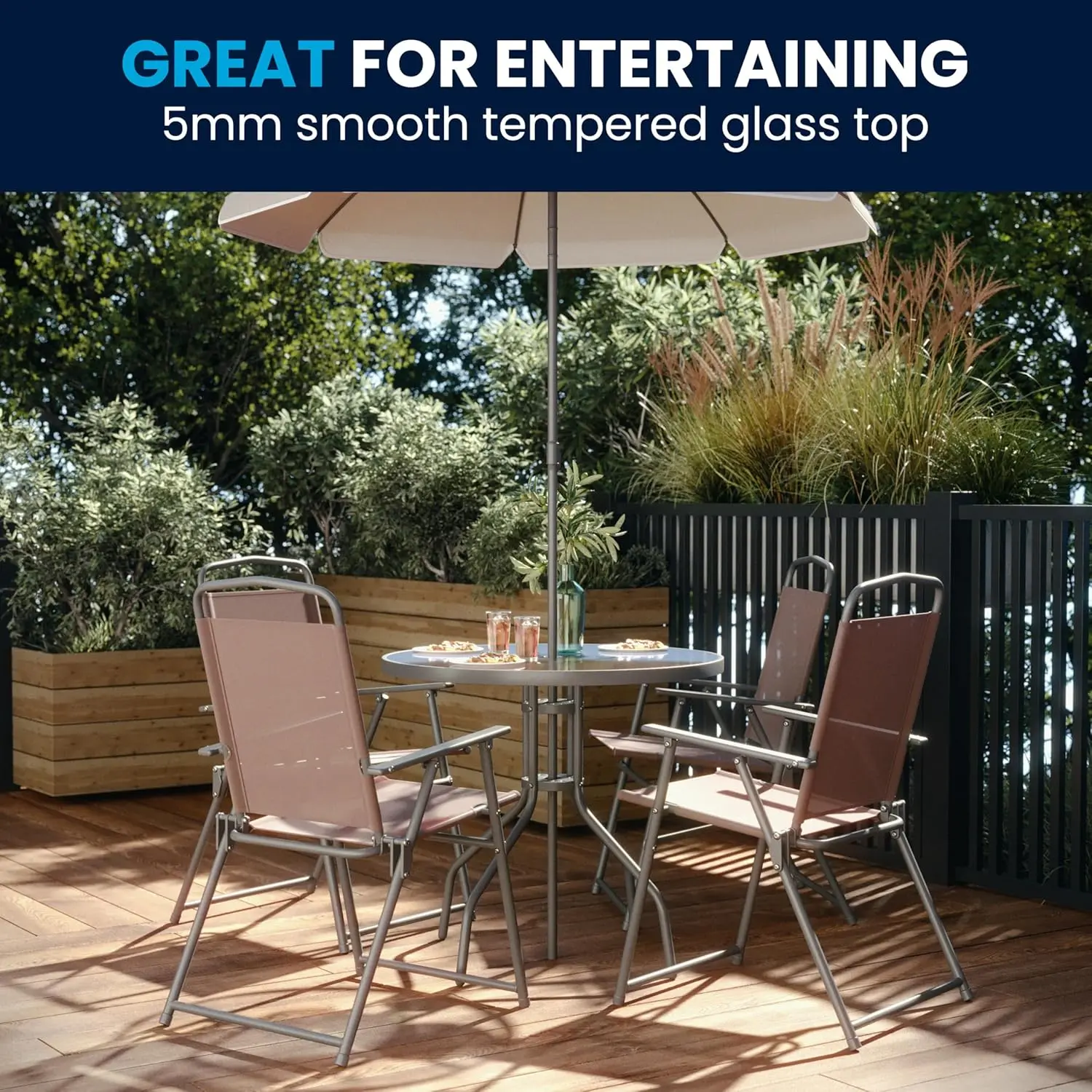 Flash Furniture Nantucket 6-Piece Patio Dining Set with Glass Table, 4 Folding Chairs, and Umbrella, Outdoor Patio Set, Brown image 5