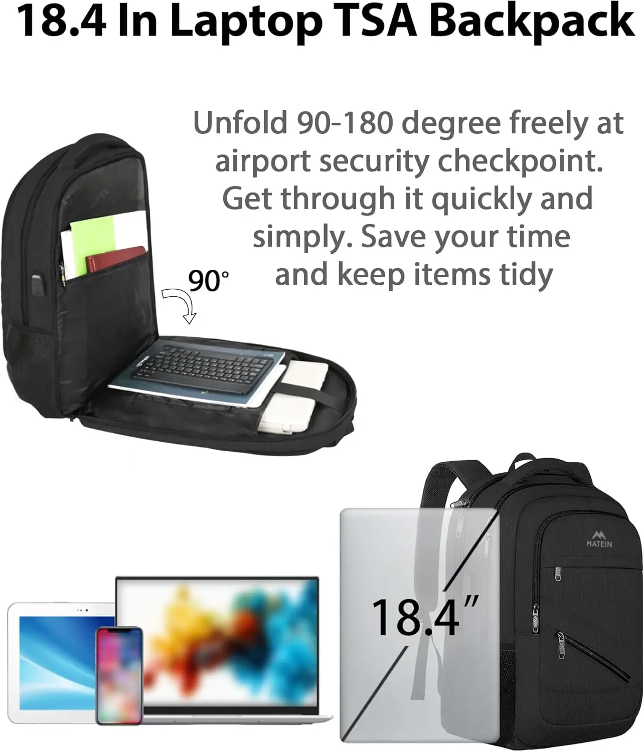 MATEIN 18.4 Inch Laptop School Backpack 50 L, Extra Large Anti Theft Carryon Backpack for Men Women TSA Approved, Work Business Bag with USB Port & Luggage Strap for Travel, Black image 2