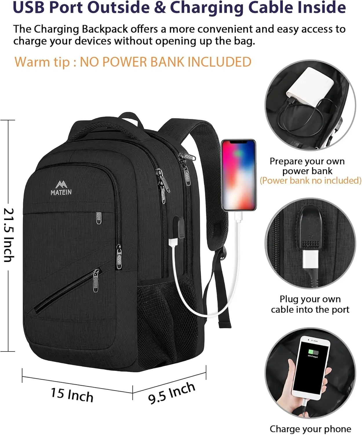 MATEIN 18.4 Inch Laptop School Backpack 50 L, Extra Large Anti Theft Carryon Backpack for Men Women TSA Approved, Work Business Bag with USB Port & Luggage Strap for Travel, Black image 4