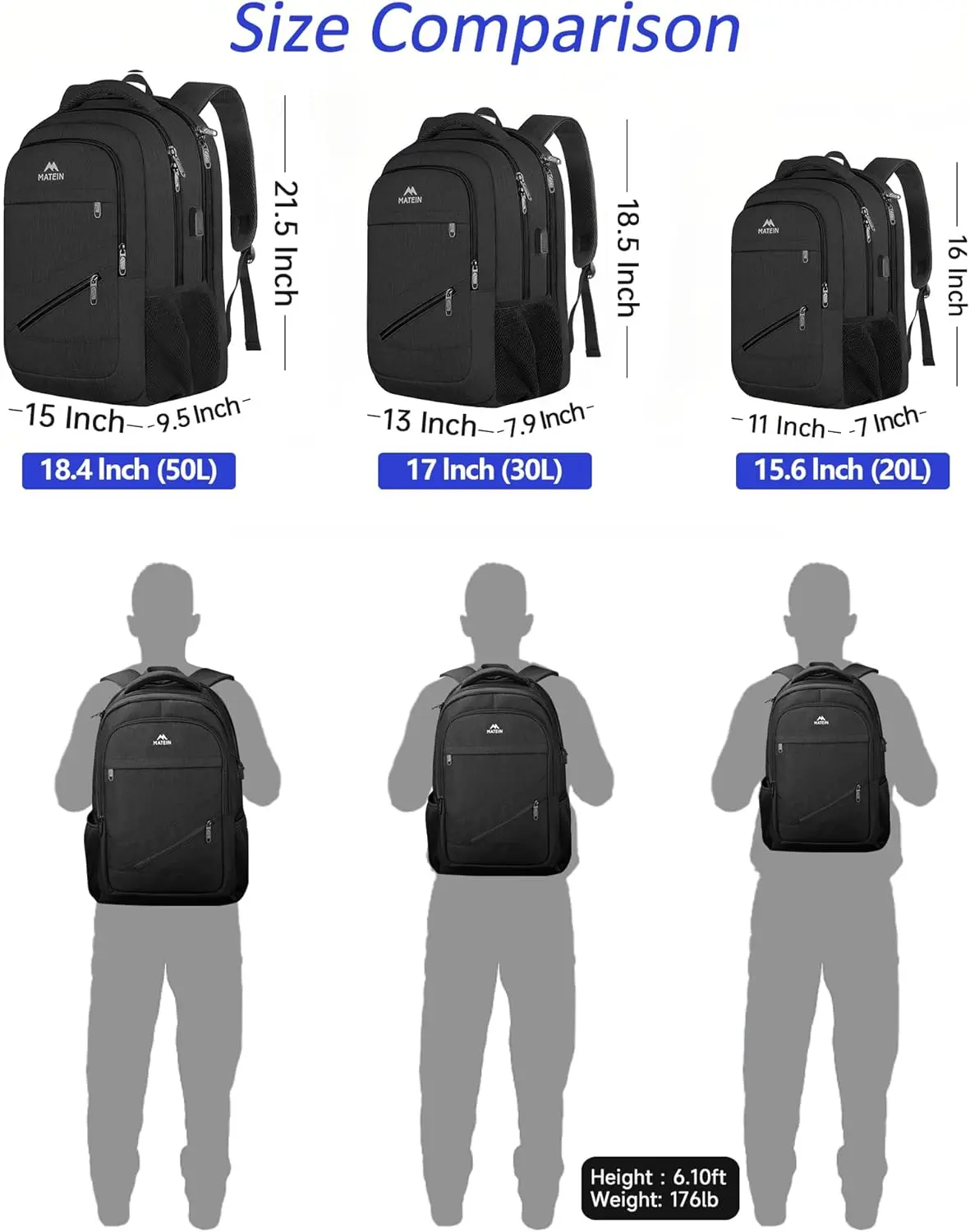 MATEIN 18.4 Inch Laptop School Backpack 50 L, Extra Large Anti Theft Carryon Backpack for Men Women TSA Approved, Work Business Bag with USB Port & Luggage Strap for Travel, Black image 5