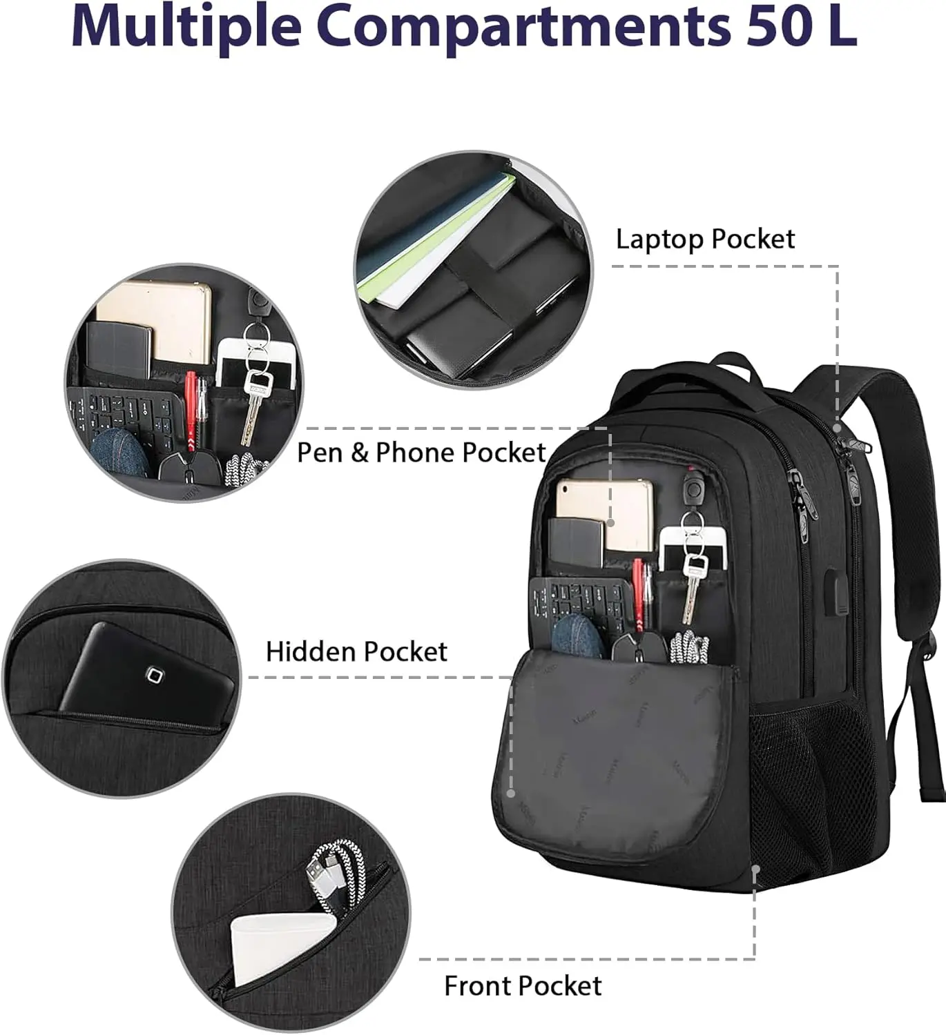 MATEIN 18.4 Inch Laptop School Backpack 50 L, Extra Large Anti Theft Carryon Backpack for Men Women TSA Approved, Work Business Bag with USB Port & Luggage Strap for Travel, Black image 8