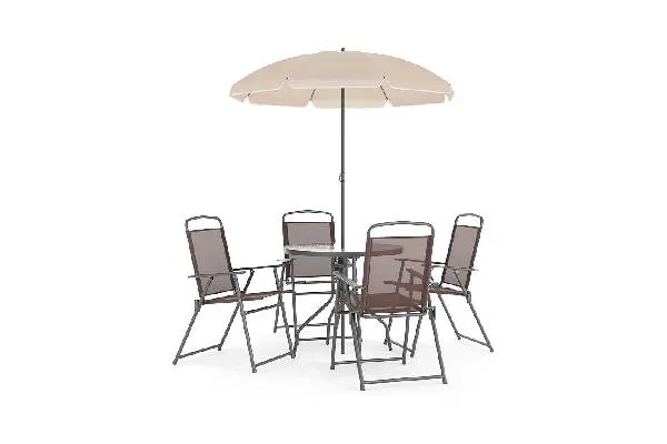 Flash Furniture Nantucket 6-Piece Patio Dining Set with Glass Table, 4 Folding Chairs, and Umbrella, Outdoor Patio Set, Brown image