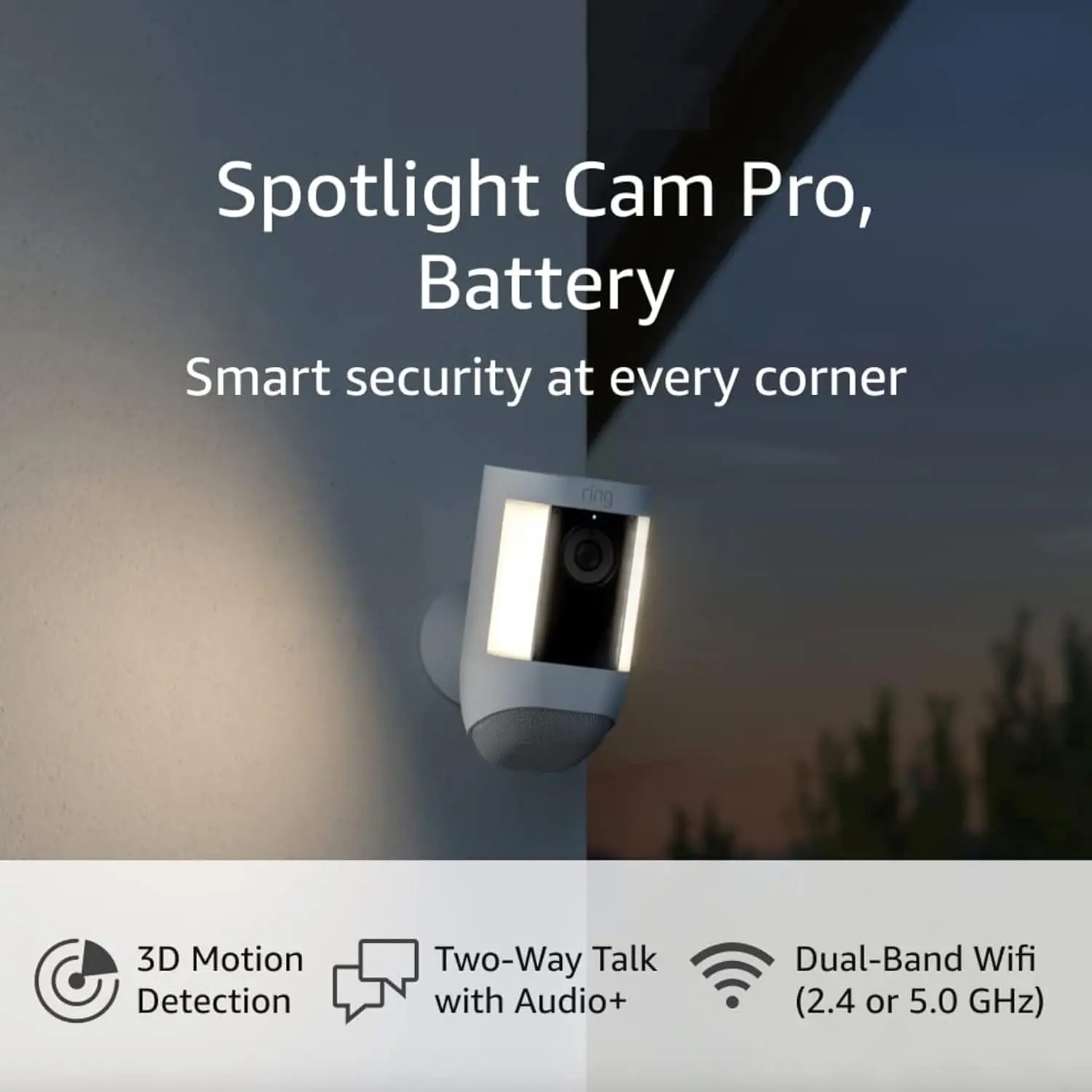 Like-New Ring Spotlight Cam Pro, Battery | 3D Motion Detection, Two-Way Talk with Audio+, and Dual-Band Wifi (2022 release) - White image 1