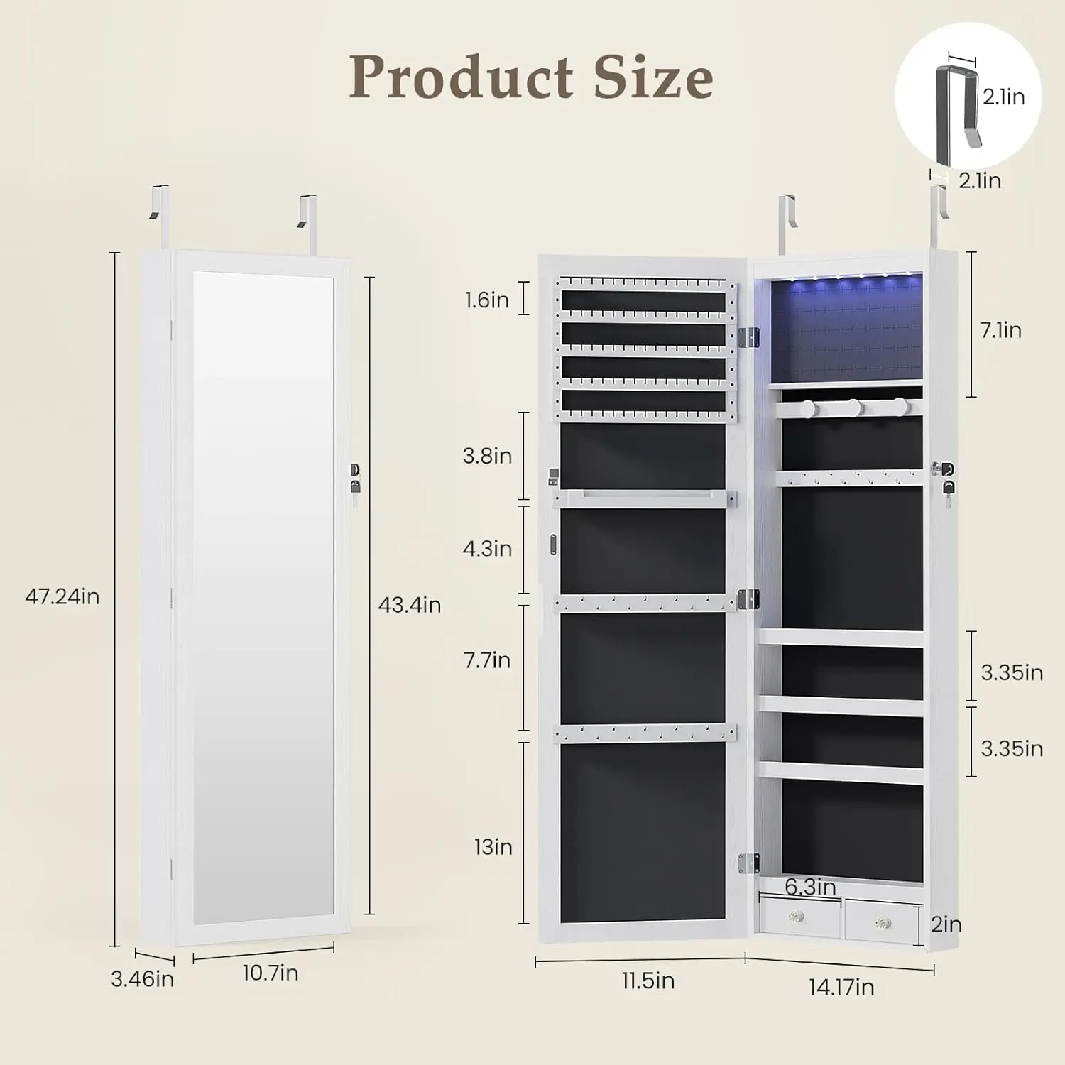 DUMOS 6 LEDs Mirror Jewelry Cabinet, Wall or Door Mounted Jewelry Organizer, 47.2-Inch Tall Lockable Large Capacity Cosmetic Storage, Gift Idea, White image 2