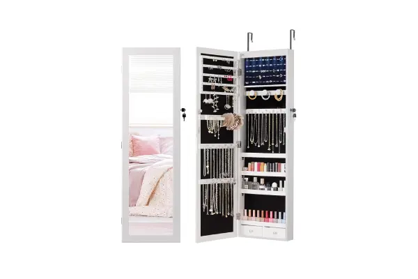 DUMOS 6 LEDs Mirror Jewelry Cabinet, Wall or Door Mounted Jewelry Organizer, 47.2-Inch Tall Lockable Large Capacity Cosmetic Storage, Gift Idea, White image