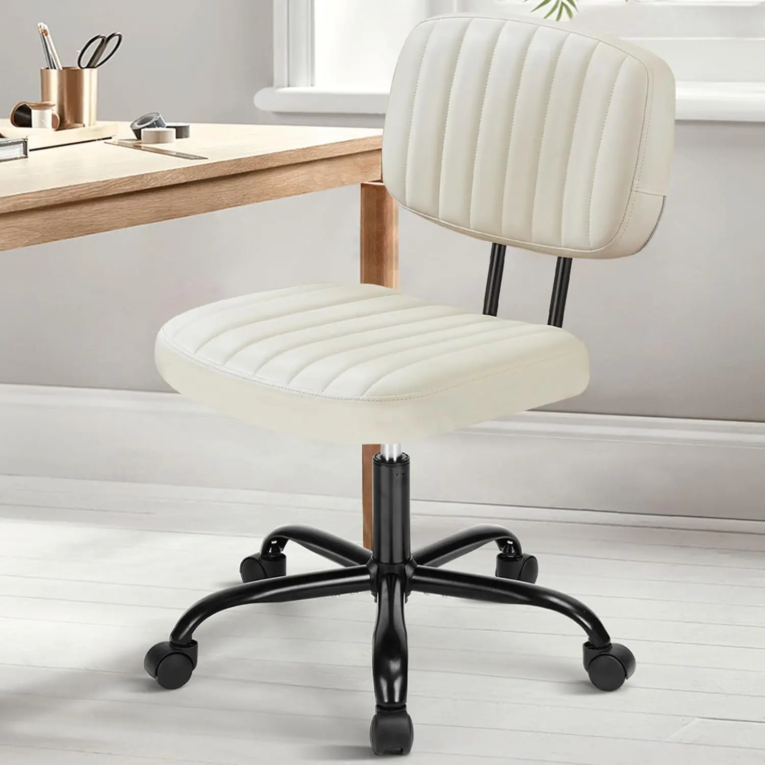 DUMOS Armless Home Office Desk Chair -Small Ergonomic with Low Back Lumbar Support, Height Adjustable PU Leather Computer Task with 360° Swivel Rolling Wheels, for Small Space, Beige White image