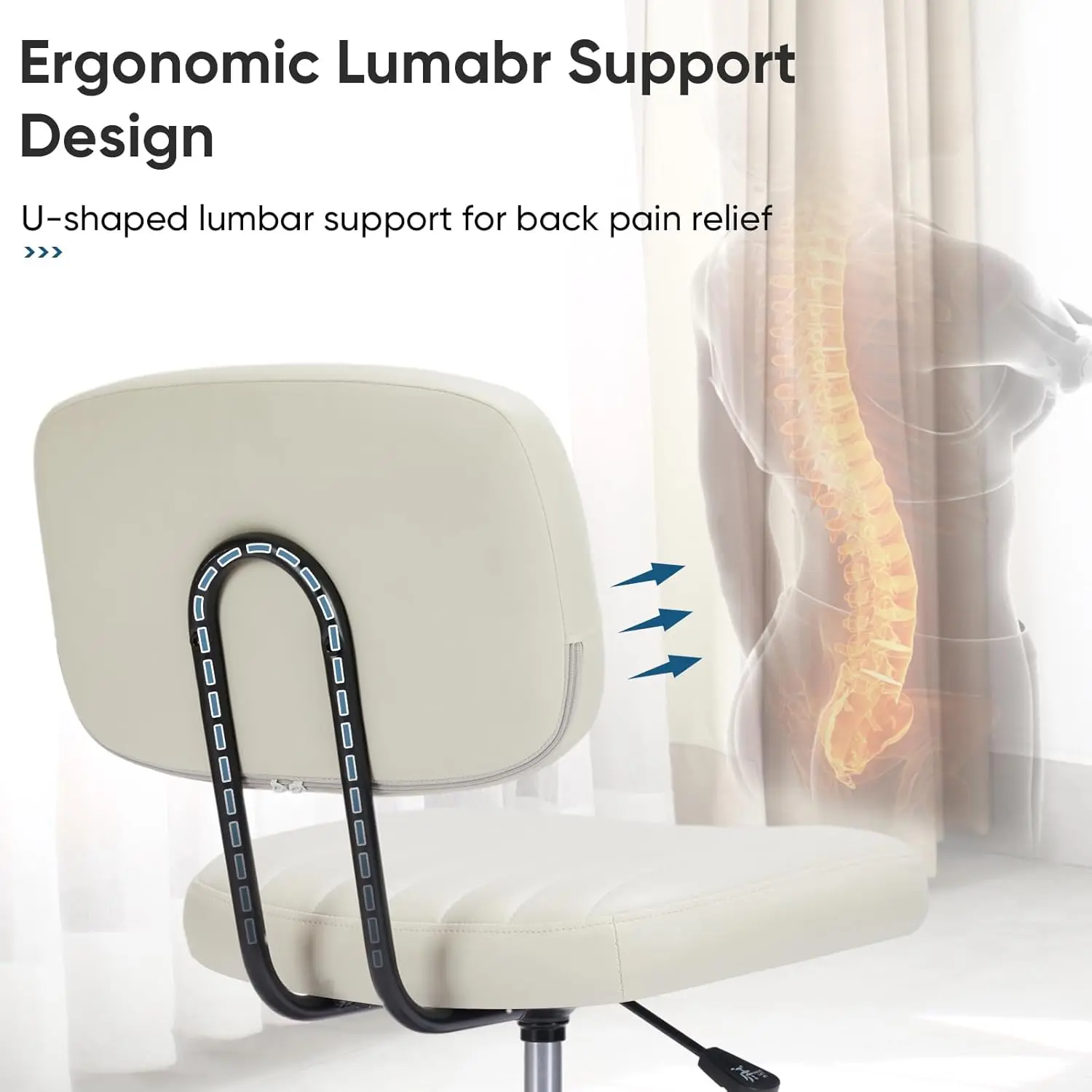 DUMOS Armless Home Office Desk Chair -Small Ergonomic with Low Back Lumbar Support, Height Adjustable PU Leather Computer Task with 360° Swivel Rolling Wheels, for Small Space, Beige White image 3