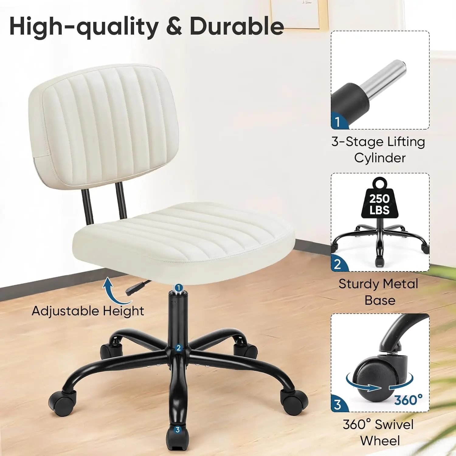 DUMOS Armless Home Office Desk Chair -Small Ergonomic with Low Back Lumbar Support, Height Adjustable PU Leather Computer Task with 360° Swivel Rolling Wheels, for Small Space, Beige White image 5