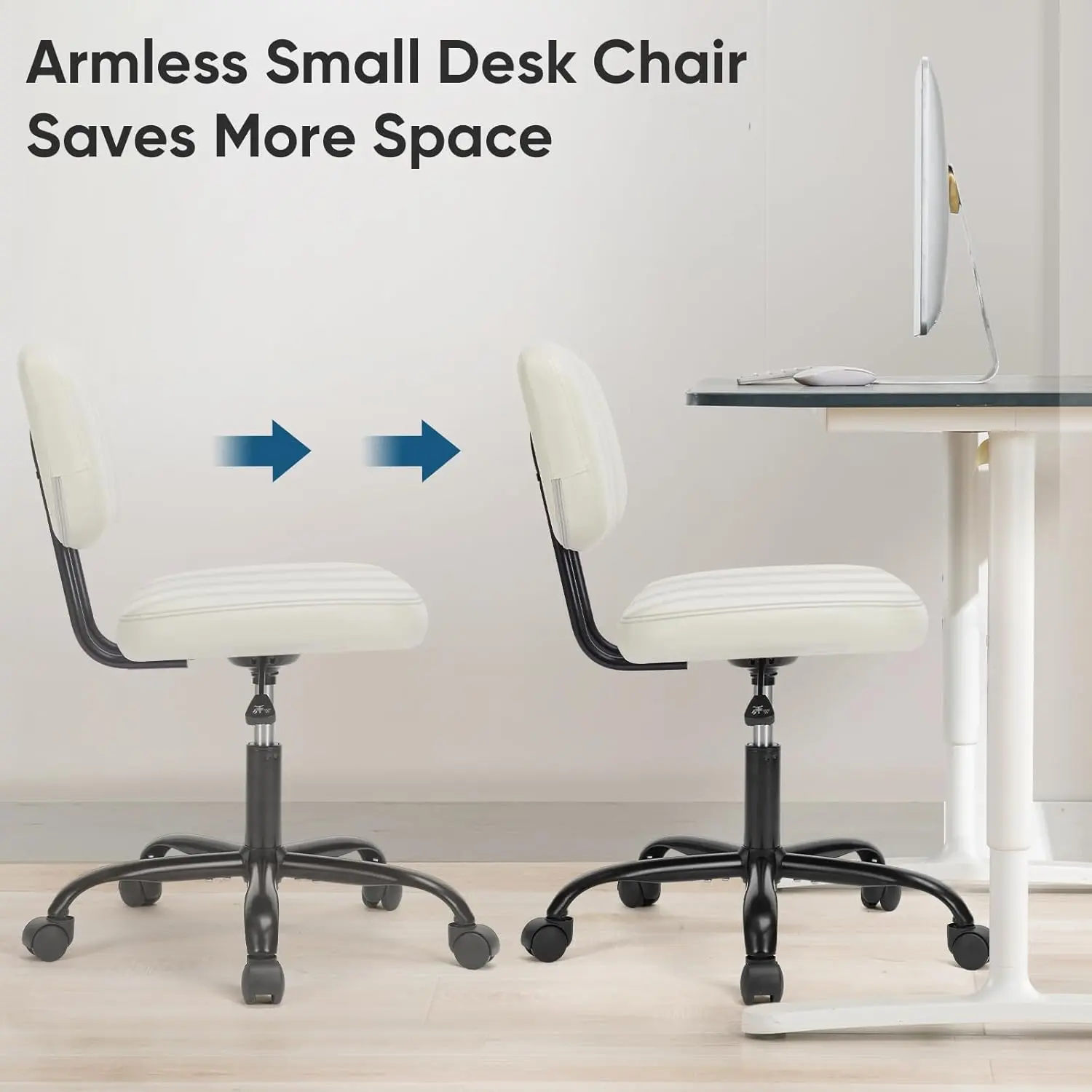 DUMOS Armless Home Office Desk Chair -Small Ergonomic with Low Back Lumbar Support, Height Adjustable PU Leather Computer Task with 360° Swivel Rolling Wheels, for Small Space, Beige White image 6