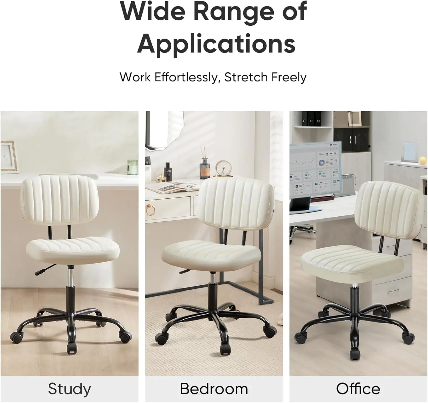DUMOS Armless Home Office Desk Chair -Small Ergonomic with Low Back Lumbar Support, Height Adjustable PU Leather Computer Task with 360° Swivel Rolling Wheels, for Small Space, Beige White image 7