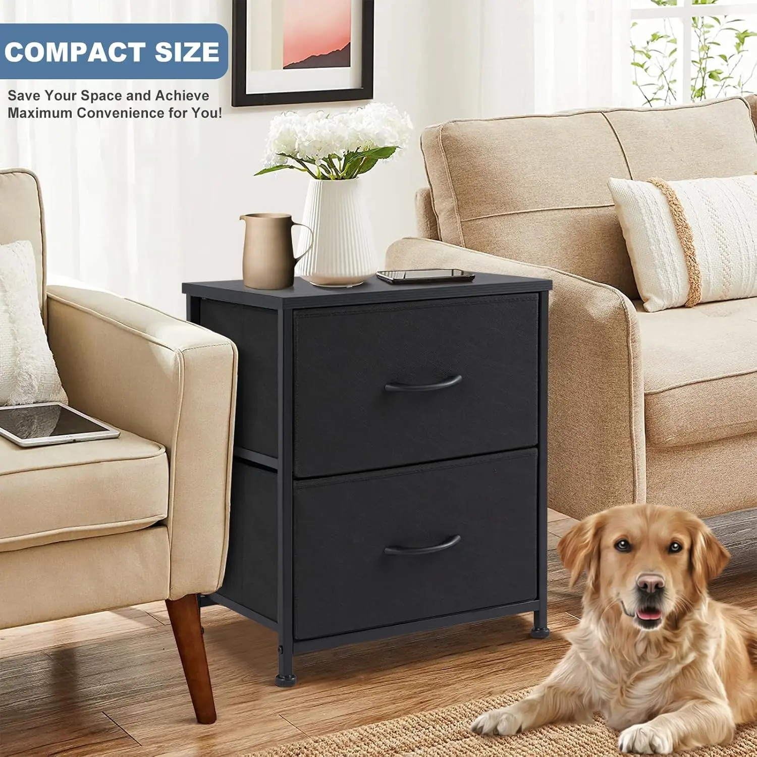 DUMOS Nightstand Small Dresser with 2 Fabric Drawers Side Tables Bedroom End Table Bedside Storage Furniture for 20 inch Tall Night Stand for Entryway, College Dorm, Classic Black image 2