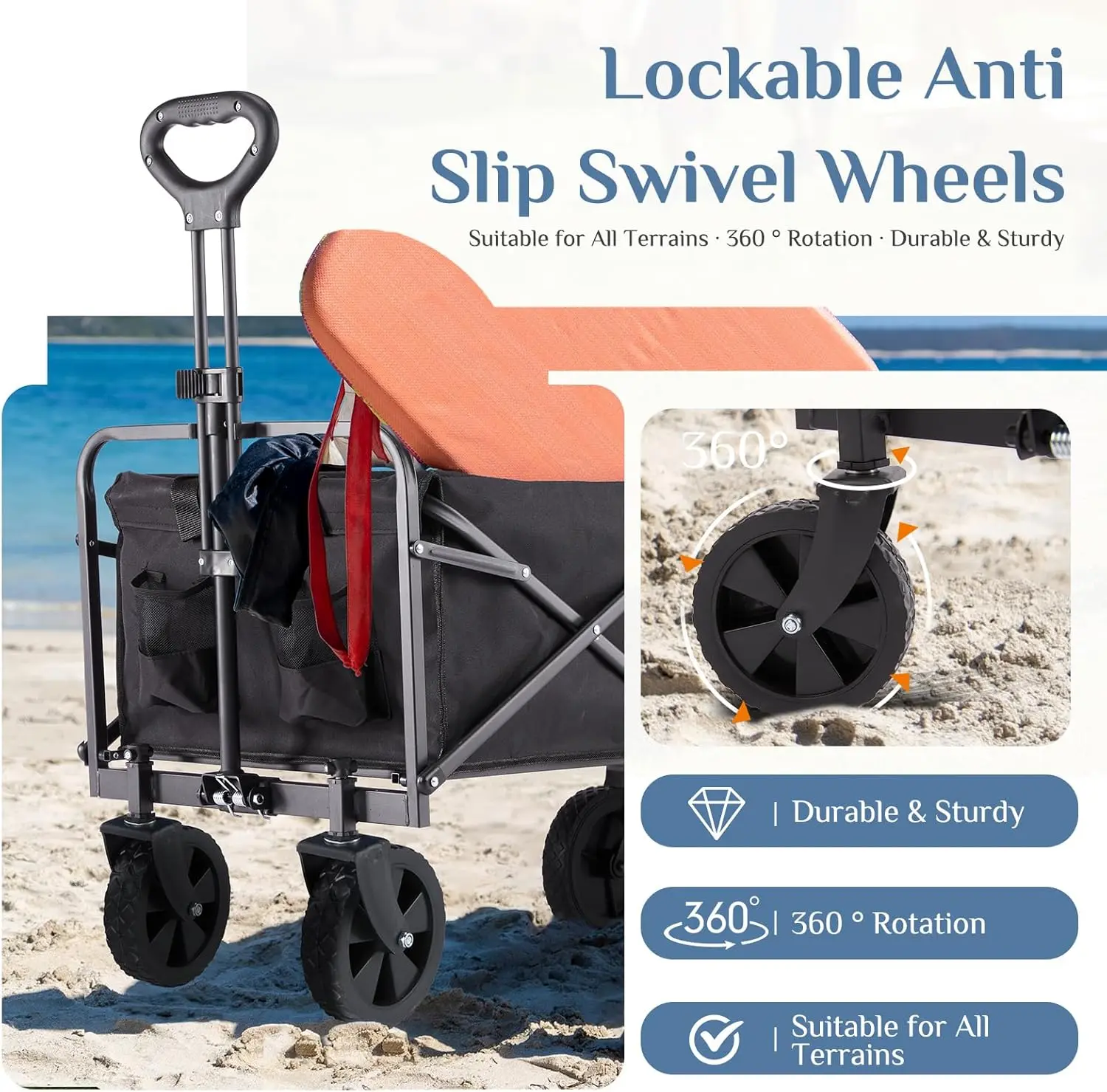 DUMOS Foldable Wagons Carts with All-Terrain Wheels, 120L & 360LBS Portable Garden Wagon Large Capacity Utility Cart with Drink Holders, Heavy Duty Collapsible for Sand, Beach, Gardening (30IN Black) image 4
