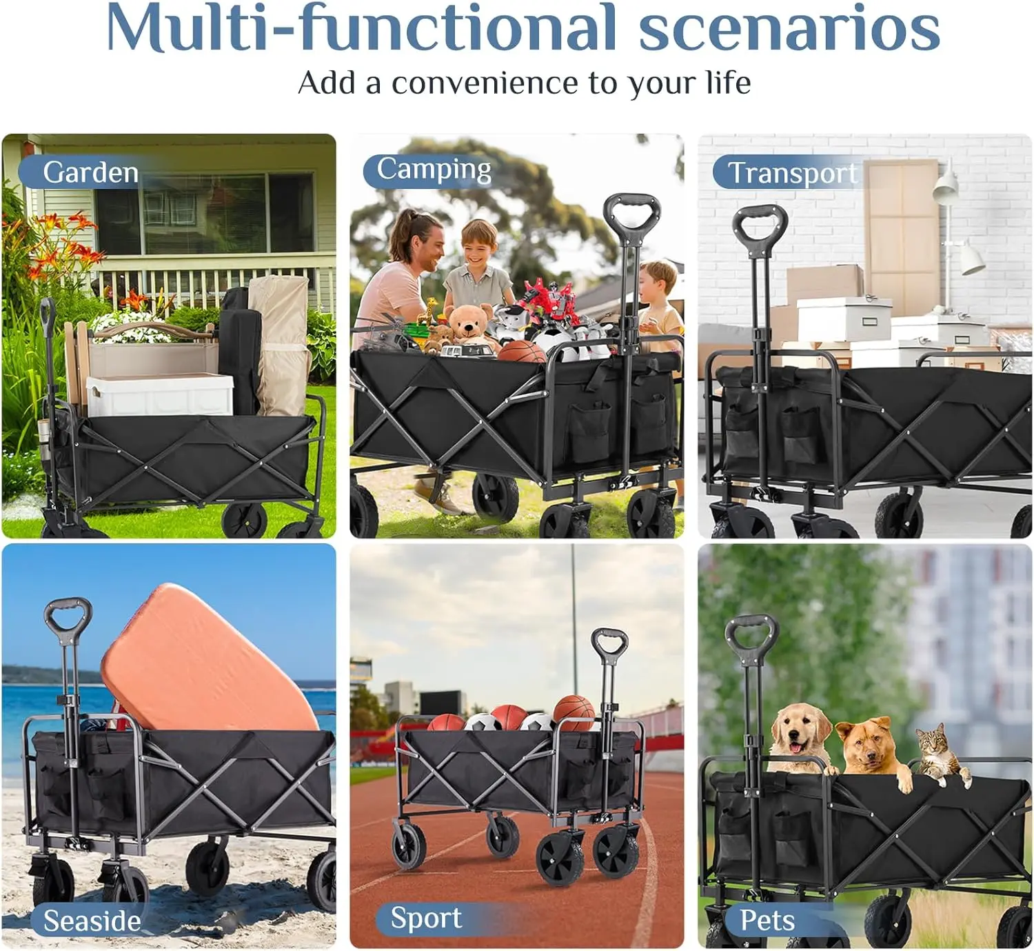 DUMOS Foldable Wagons Carts with All-Terrain Wheels, 120L & 360LBS Portable Garden Wagon Large Capacity Utility Cart with Drink Holders, Heavy Duty Collapsible for Sand, Beach, Gardening (30IN Black) image 5