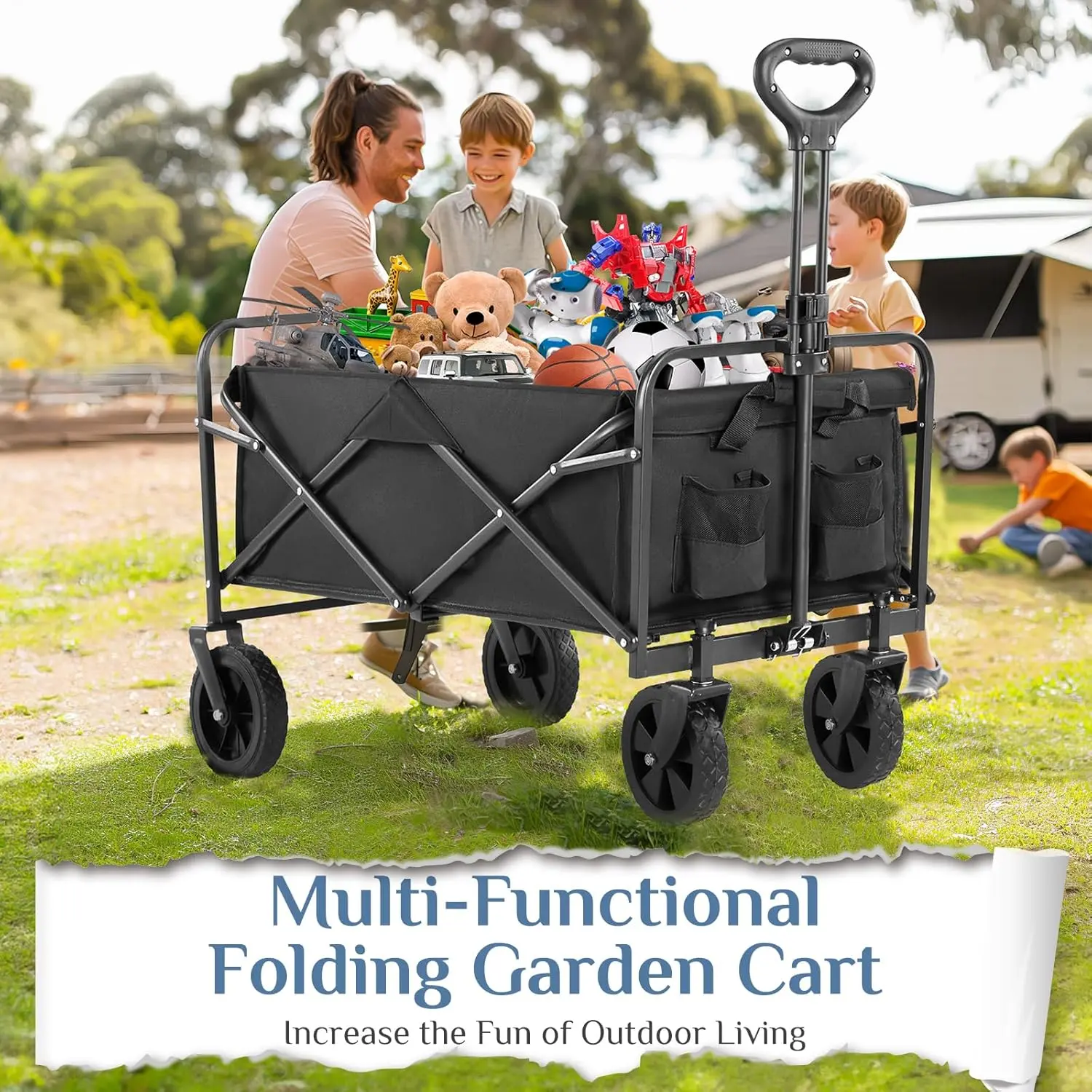 DUMOS Foldable Wagons Carts with All-Terrain Wheels, 120L & 360LBS Portable Garden Wagon Large Capacity Utility Cart with Drink Holders, Heavy Duty Collapsible for Sand, Beach, Gardening (30IN Black) image 7