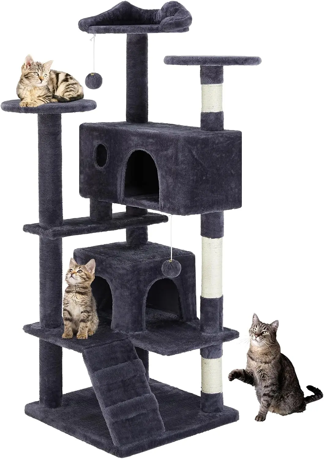 DUMOS 54-inch Indoor Cat Tree Tower –Multi-Level Pet House for Large Cats with 2 Condos, Scratching Posts, Round Platform, Small Ladder, and Toys – Perfect for Cats of All Ages, Dark Grey image 1