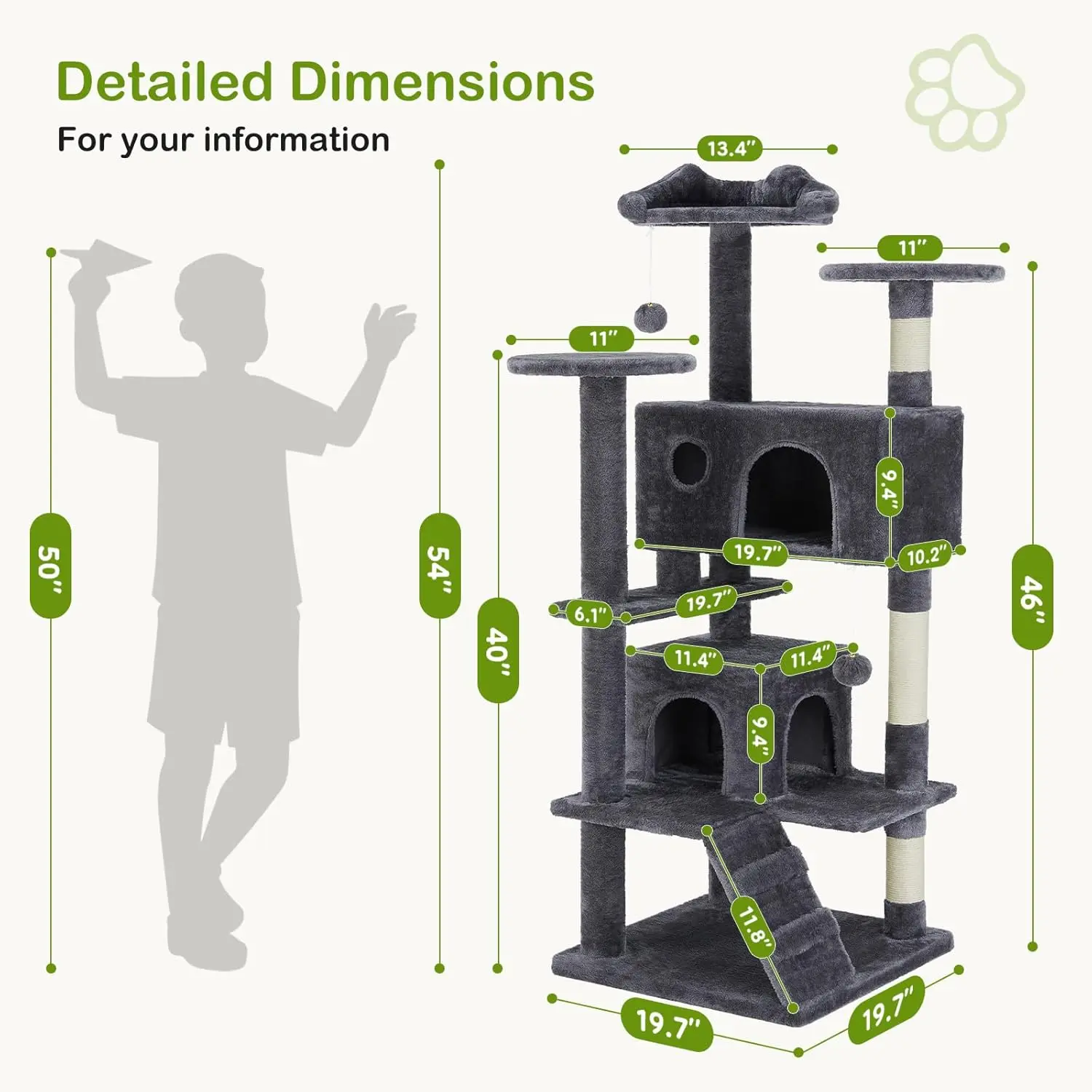 DUMOS 54-inch Indoor Cat Tree Tower –Multi-Level Pet House for Large Cats with 2 Condos, Scratching Posts, Round Platform, Small Ladder, and Toys – Perfect for Cats of All Ages, Dark Grey image 2