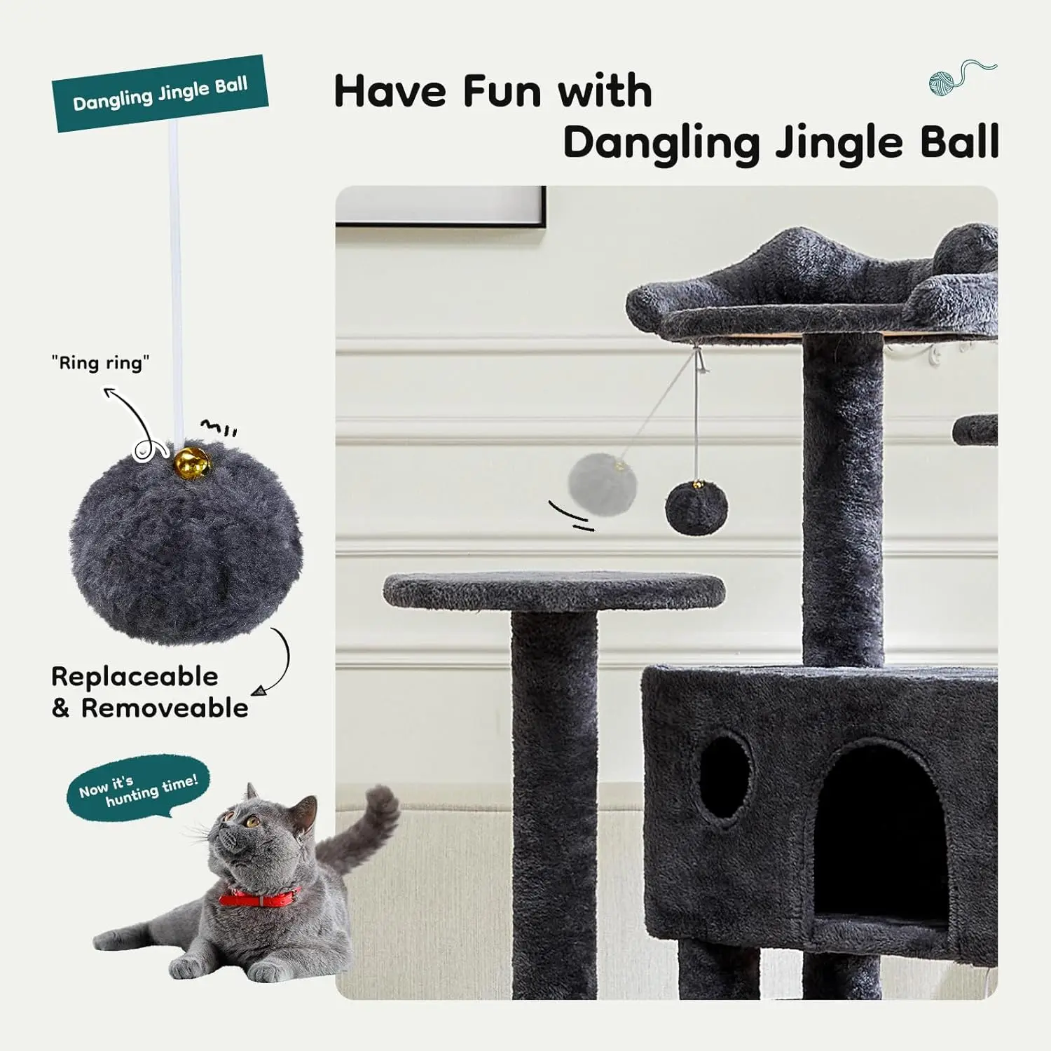 DUMOS 54-inch Indoor Cat Tree Tower –Multi-Level Pet House for Large Cats with 2 Condos, Scratching Posts, Round Platform, Small Ladder, and Toys – Perfect for Cats of All Ages, Dark Grey image 3