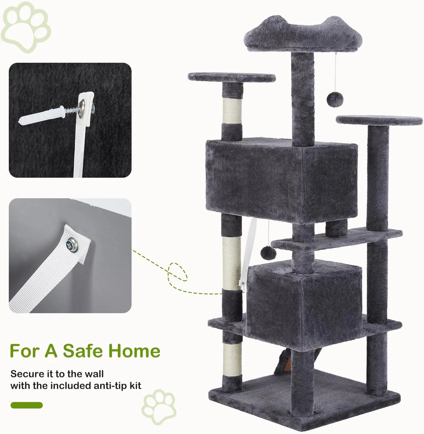 DUMOS 54-inch Indoor Cat Tree Tower –Multi-Level Pet House for Large Cats with 2 Condos, Scratching Posts, Round Platform, Small Ladder, and Toys – Perfect for Cats of All Ages, Dark Grey image 4