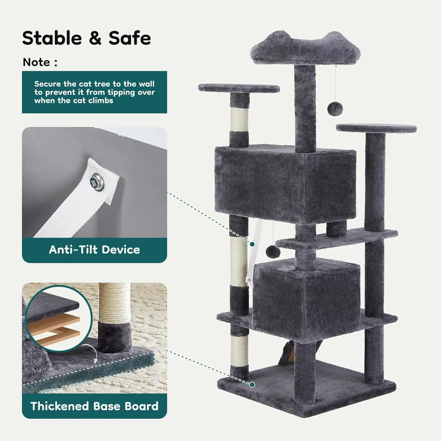 DUMOS 54-inch Indoor Cat Tree Tower –Multi-Level Pet House for Large Cats with 2 Condos, Scratching Posts, Round Platform, Small Ladder, and Toys – Perfect for Cats of All Ages, Dark Grey image 5