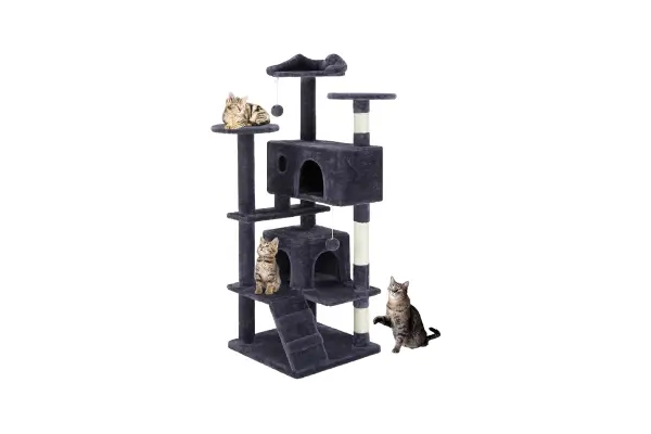 DUMOS 54-inch Indoor Cat Tree Tower –Multi-Level Pet House for Large Cats with 2 Condos, Scratching Posts, Round Platform, Small Ladder, and Toys – Perfect for Cats of All Ages, Dark Grey image