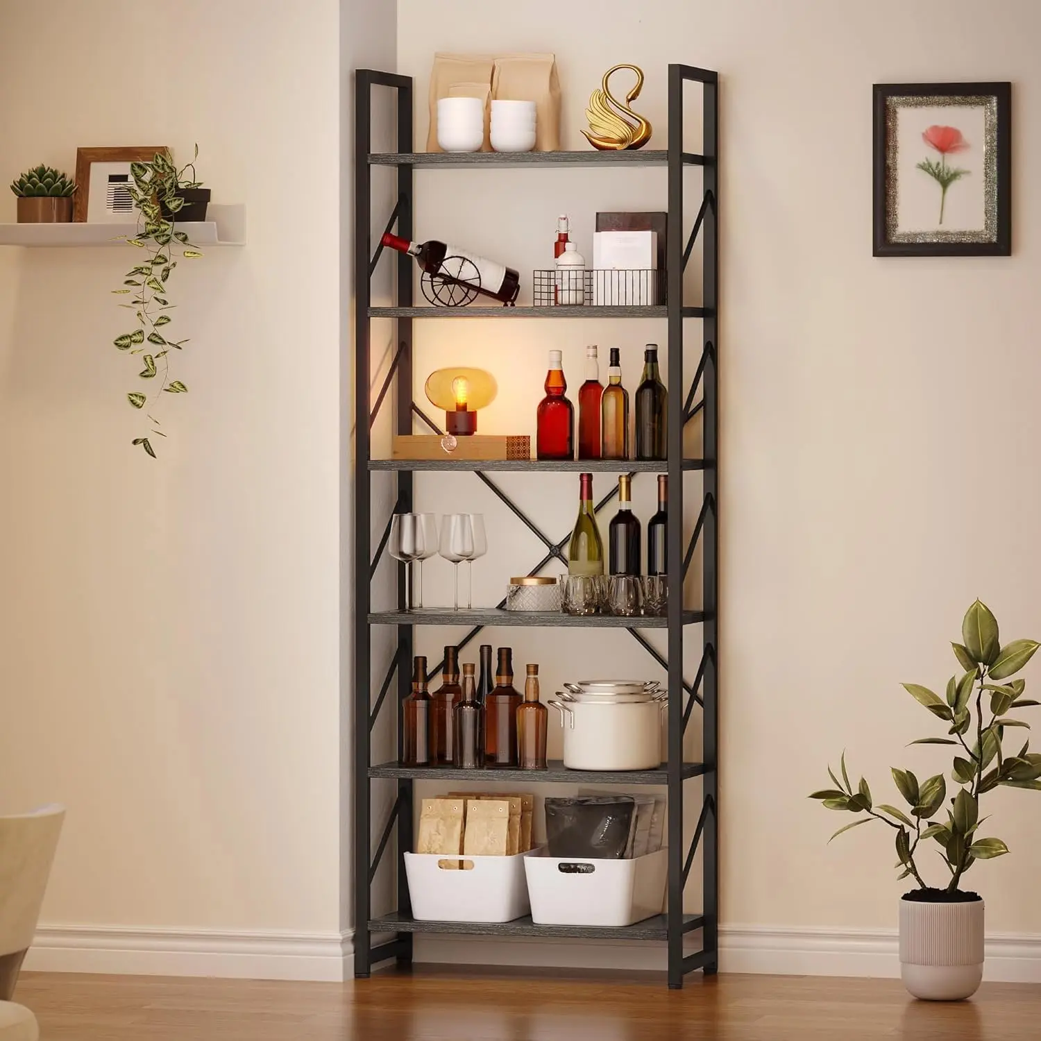 YITAHOME Tall Bookshelf Antique Book Shelf 6 Tier Bookcase, Open Display Storage Rack Shelves for Living Room/Bedroom/Home/Office/Kitchen, Holder Organizer for Books/Movies, Charcoal Gray + Black image