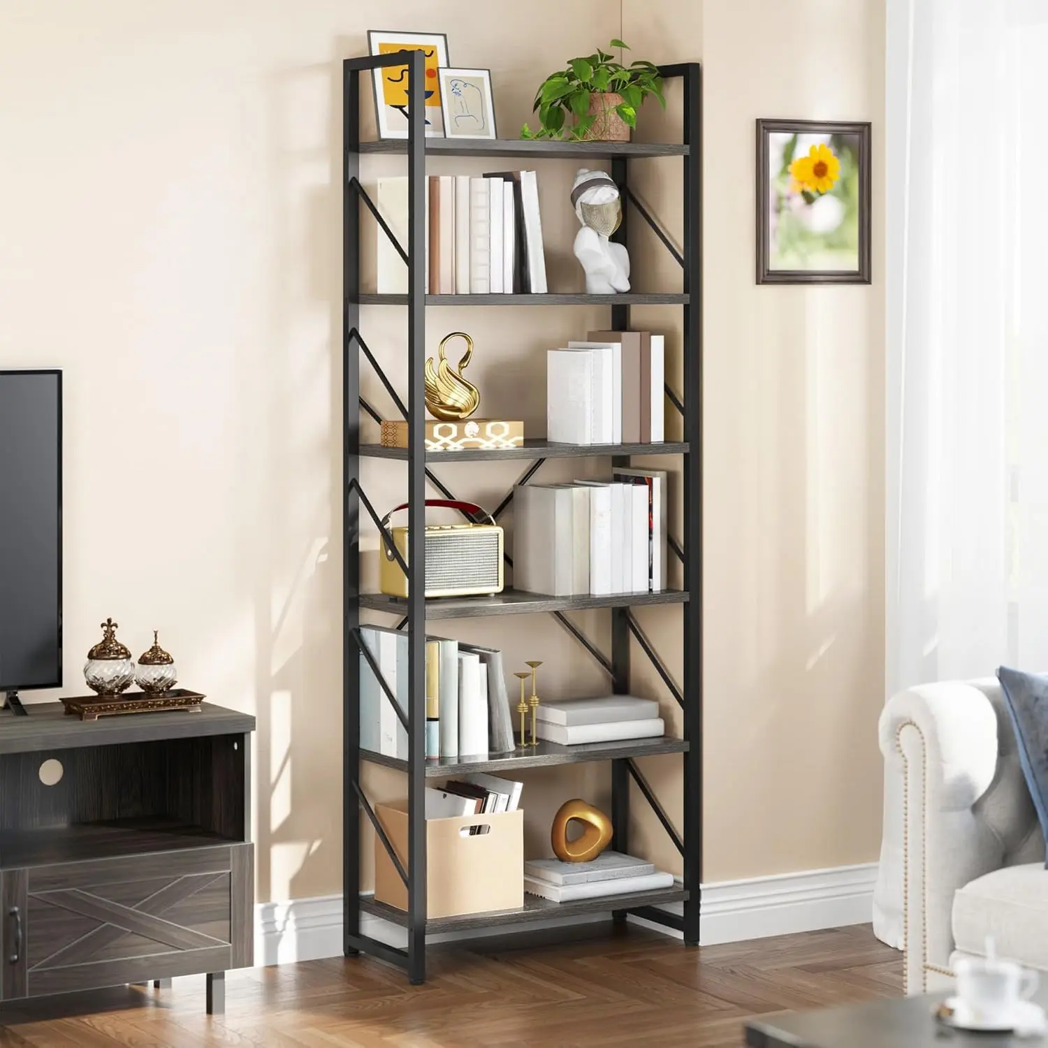 YITAHOME Tall Bookshelf Antique Book Shelf 6 Tier Bookcase, Open Display Storage Rack Shelves for Living Room/Bedroom/Home/Office/Kitchen, Holder Organizer for Books/Movies, Charcoal Gray + Black image 3