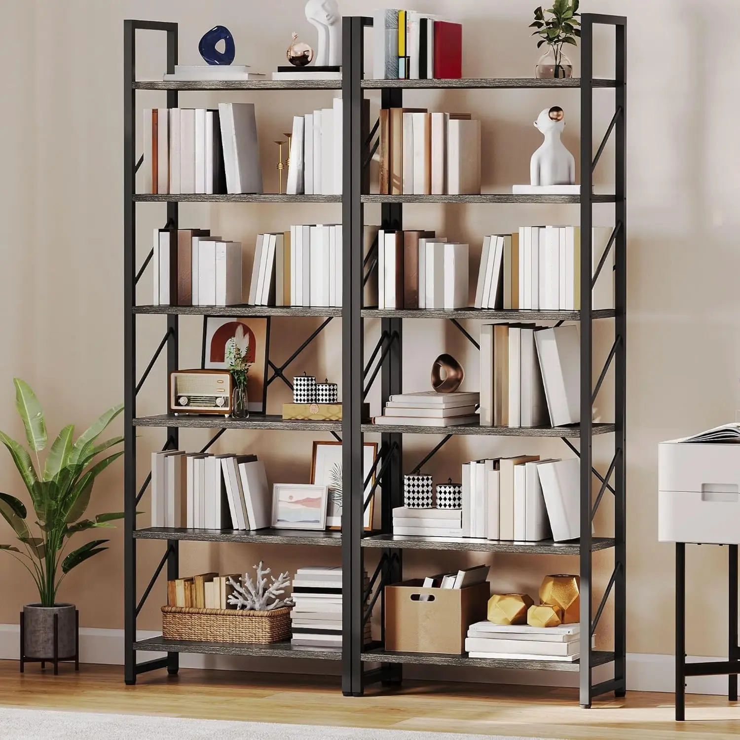 YITAHOME Tall Bookshelf Antique Book Shelf 6 Tier Bookcase, Open Display Storage Rack Shelves for Living Room/Bedroom/Home/Office/Kitchen, Holder Organizer for Books/Movies, Charcoal Gray + Black image 5