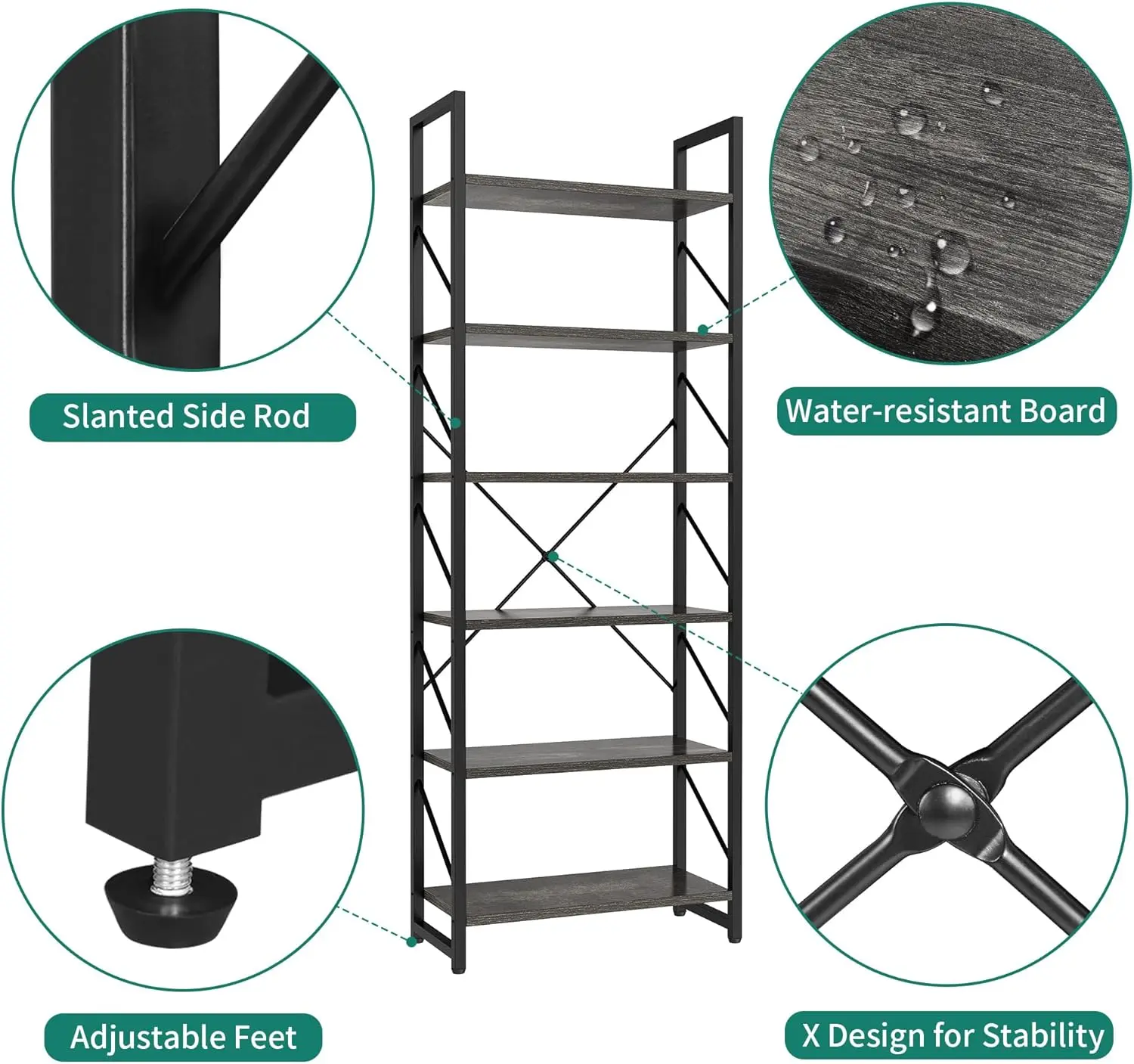 YITAHOME Tall Bookshelf Antique Book Shelf 6 Tier Bookcase, Open Display Storage Rack Shelves for Living Room/Bedroom/Home/Office/Kitchen, Holder Organizer for Books/Movies, Charcoal Gray + Black image 8